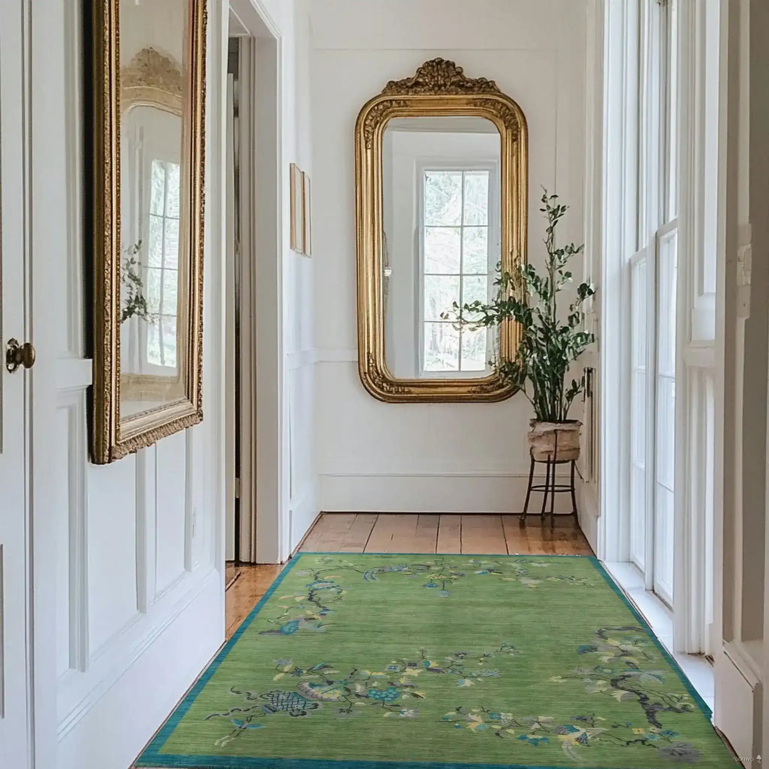 This elegant Chinoiserie Peacock in Green Field Wool Hand Knotted Area Rug adds a touch of sophistication to a bright hallway. The area rug's intricate design and vibrant colors make it a perfect accent for rugs for living room settings, enhancing any space with its timeless charm.
