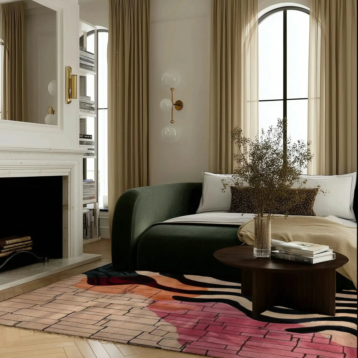 A stylish living room featuring the Chroma Waves Hand Tufted Rug, an eye-catching large area rug perfect for an office or living room. The wool rug showcases vibrant colors and abstract patterns, adding a modern touch to the space. Positioned on a wooden floor, it complements the elegant green sofa and warm decor accents.