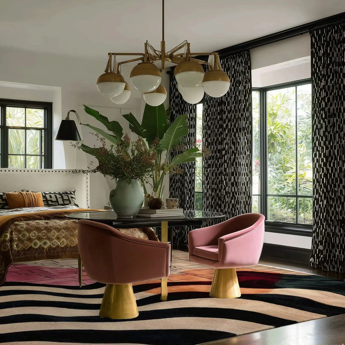 A stylish office space featuring a large area rug with bold, wavy patterns. The Chroma Waves Hand Tufted Rug adds a pop of color and texture to the room, complementing the modern decor. Ideal for large area rugs in living rooms or office settings, this wool rug enhances the aesthetic appeal.