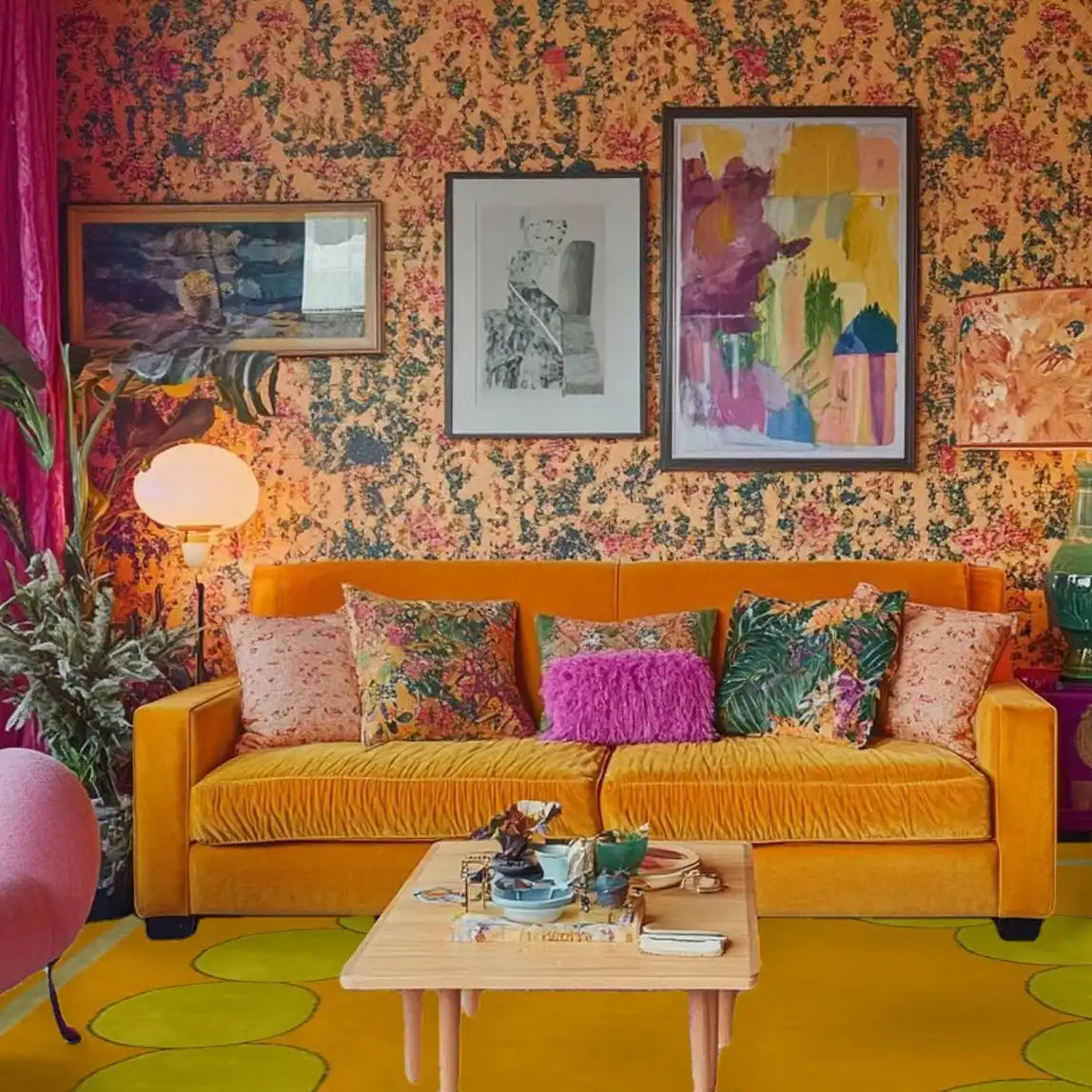 Bright and cozy living room featuring a vibrant Circle of Suns Square Hand Tufted Wool Rug in orange. The area rug enhances the room's colorful decor, complementing the orange couch and floral wallpaper. Perfect for both living room and dining room spaces, this wool rug adds a touch of warmth and style.