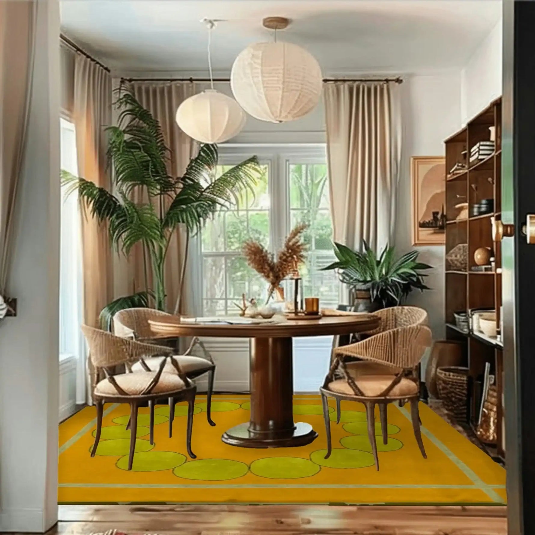 Stylish dining room featuring a Circle of Suns Square Hand Tufted Wool Rug in orange. The area rug adds a vibrant touch to the space, complementing the wooden dining table and chairs. Natural light streams in through large windows, highlighting the wool rug's unique circular design, perfect for both living room and dining room settings.