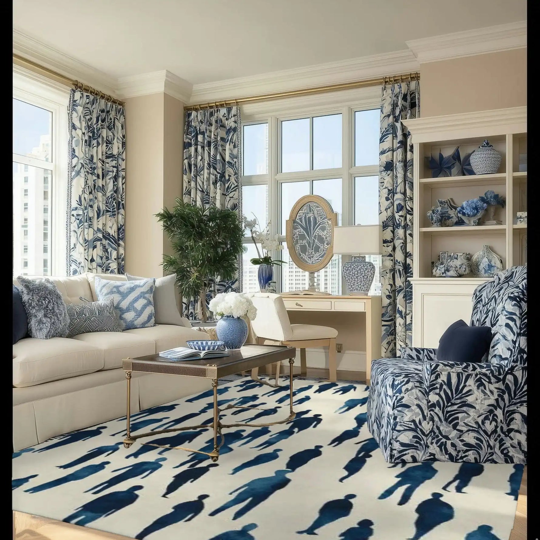 Elegant living room featuring a Cityscape Crowd Hand Tufted Area Rug in a sophisticated design. The wool rug complements the formal dining room aesthetic with a stylish pattern, seamlessly integrating with the decor of the dining table and living room. The space is warmly lit with natural light from large windows, enhancing the room's inviting atmosphere.