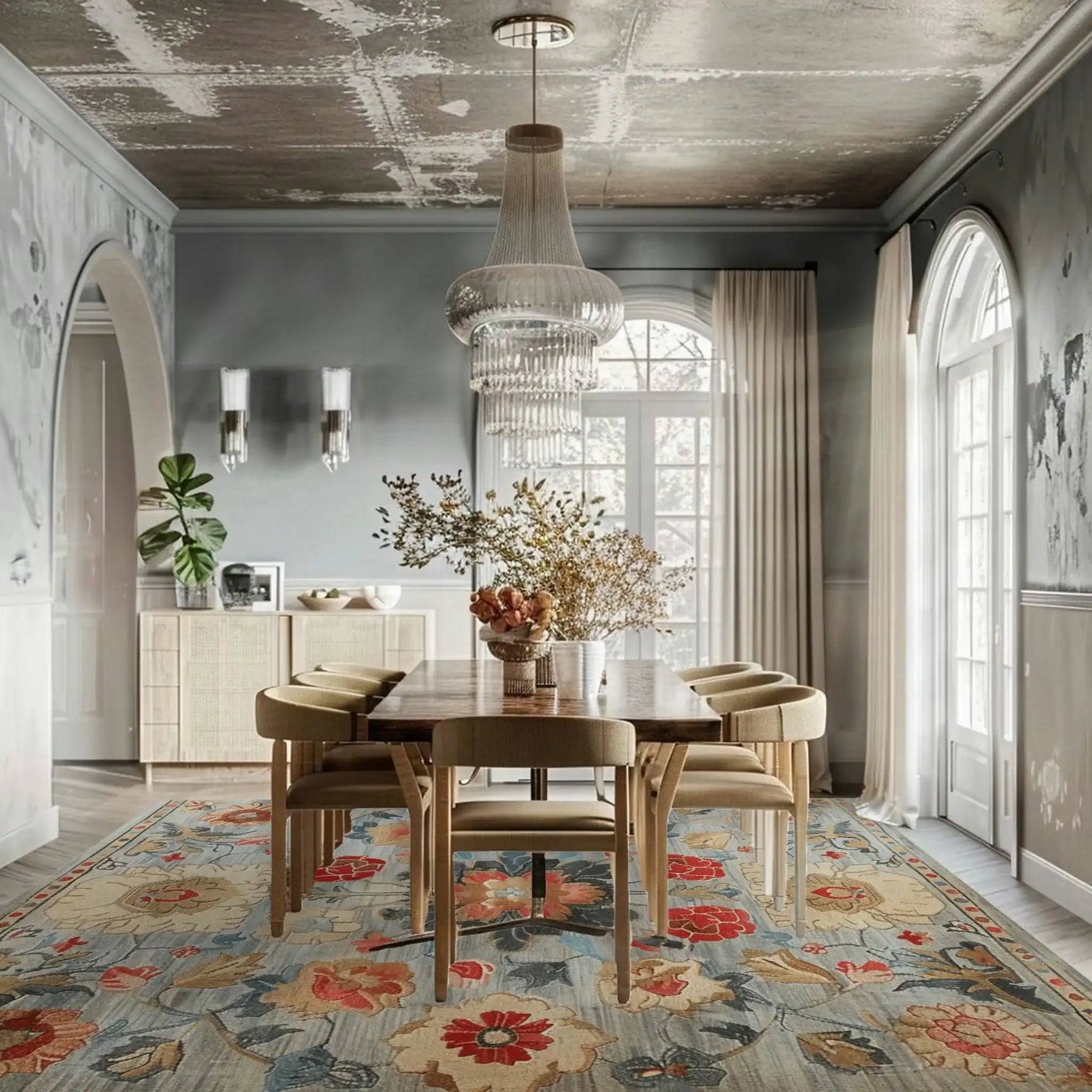 Elegant dining room featuring a Classic Charm Hand Tufted Area Rug with vibrant floral patterns, adding a touch of sophistication to the space. This wool rug is perfect for office rugs or dining room settings, seamlessly blending with modern decor.