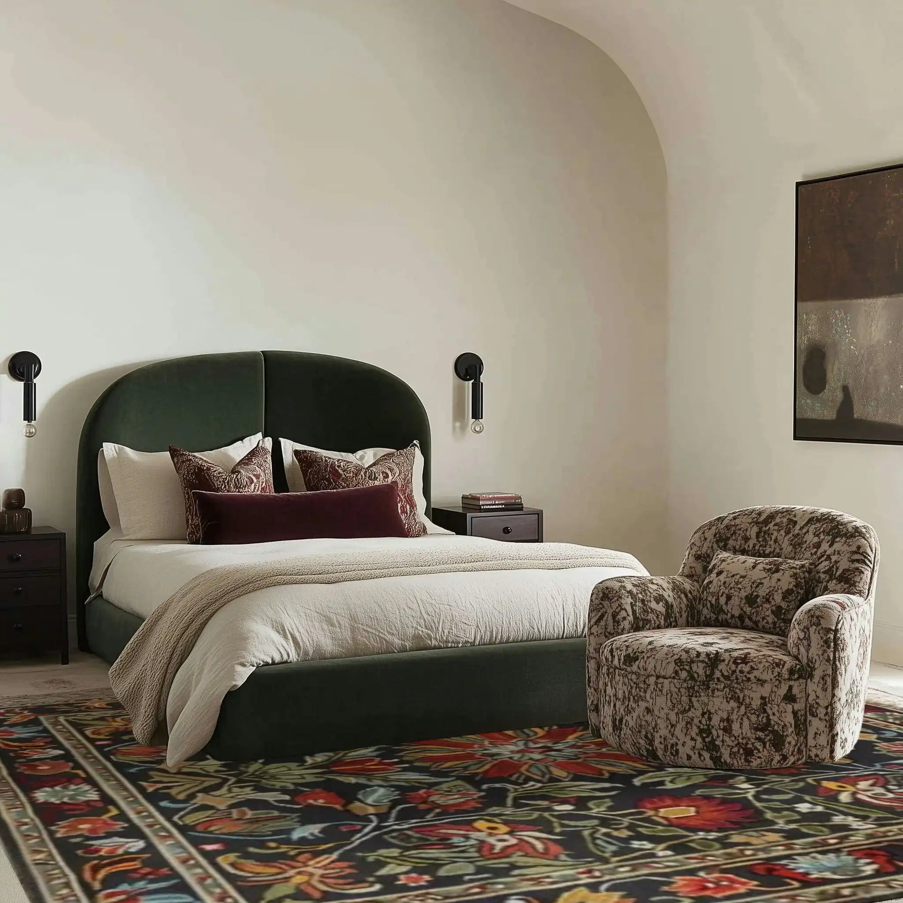 A beautifully styled living room features a Classic Elegance Traditional Hand-Tufted Area Rug with intricate floral patterns. The large wool rug complements the decor, adding warmth and sophistication, perfect for those seeking elegant living room area rugs.