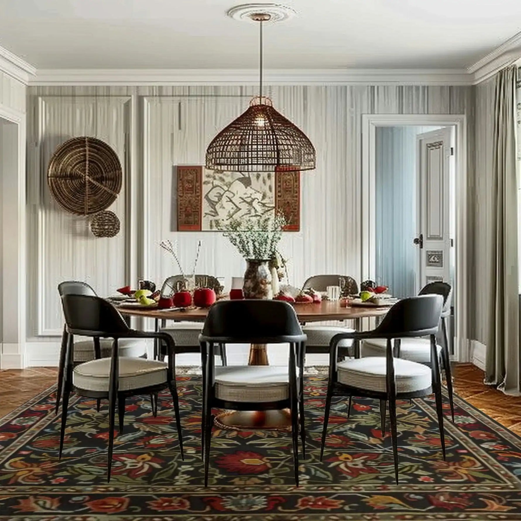 A beautifully designed living room featuring a Classic Elegance Traditional Hand-Tufted Area Rug. The large wool rug showcases intricate patterns and rich colors, adding warmth and sophistication to the space. Perfect for enhancing the aesthetics of large living rooms.