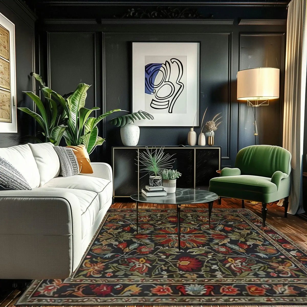 A beautifully styled living room featuring a Classic Elegance Traditional Hand-Tufted Area Rug. This wool rug showcases intricate floral patterns in rich colors, adding warmth and sophistication to the space. Perfect for large living room areas, the rug complements the modern decor, including a cozy white sofa, green armchair, and stylish wall art.