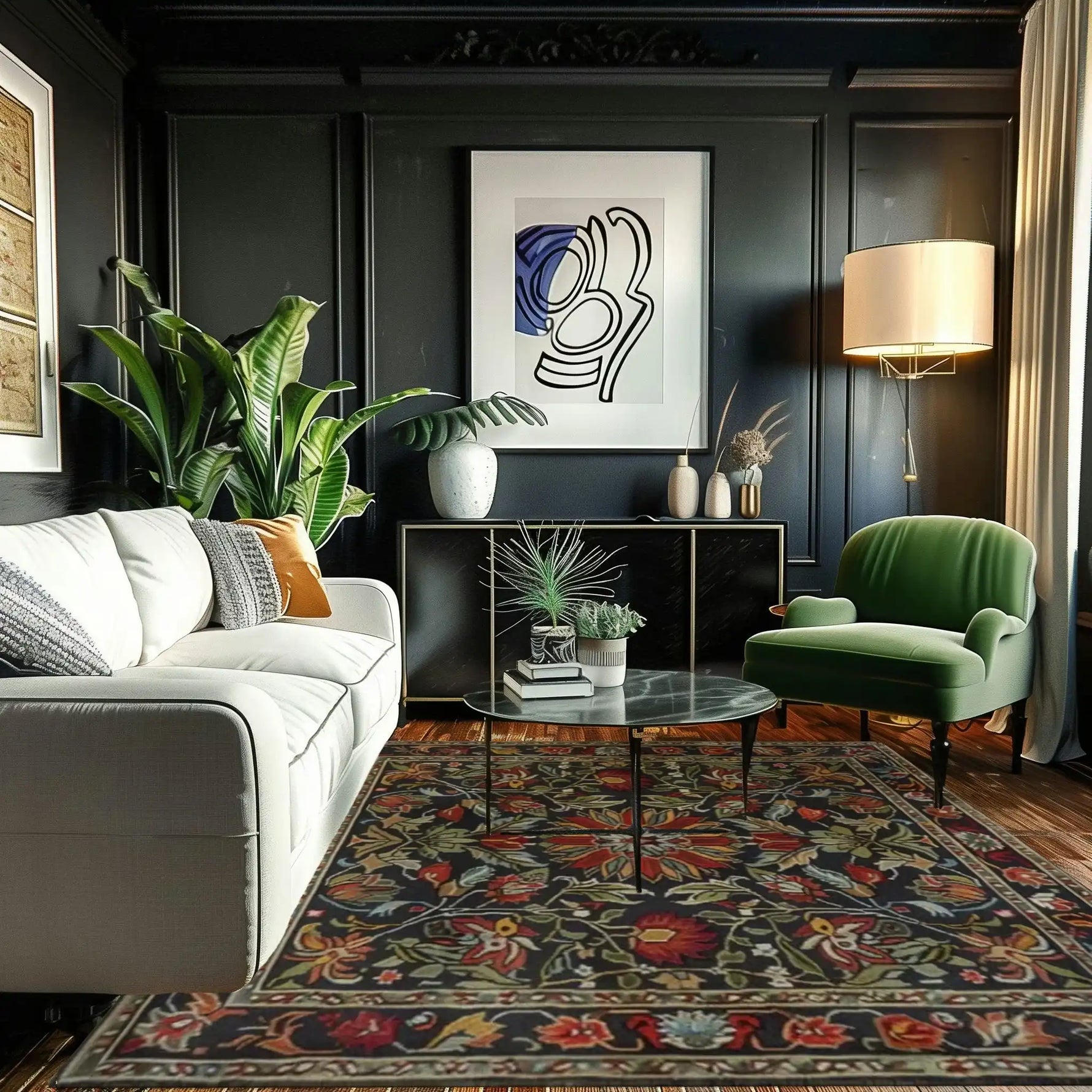 A beautifully styled living room featuring a Classic Elegance Traditional Hand-Tufted Area Rug. This wool rug showcases intricate floral patterns in rich colors, adding warmth and sophistication to the space. Perfect for large living room areas, the rug complements the modern decor, including a cozy white sofa, green armchair, and stylish wall art.