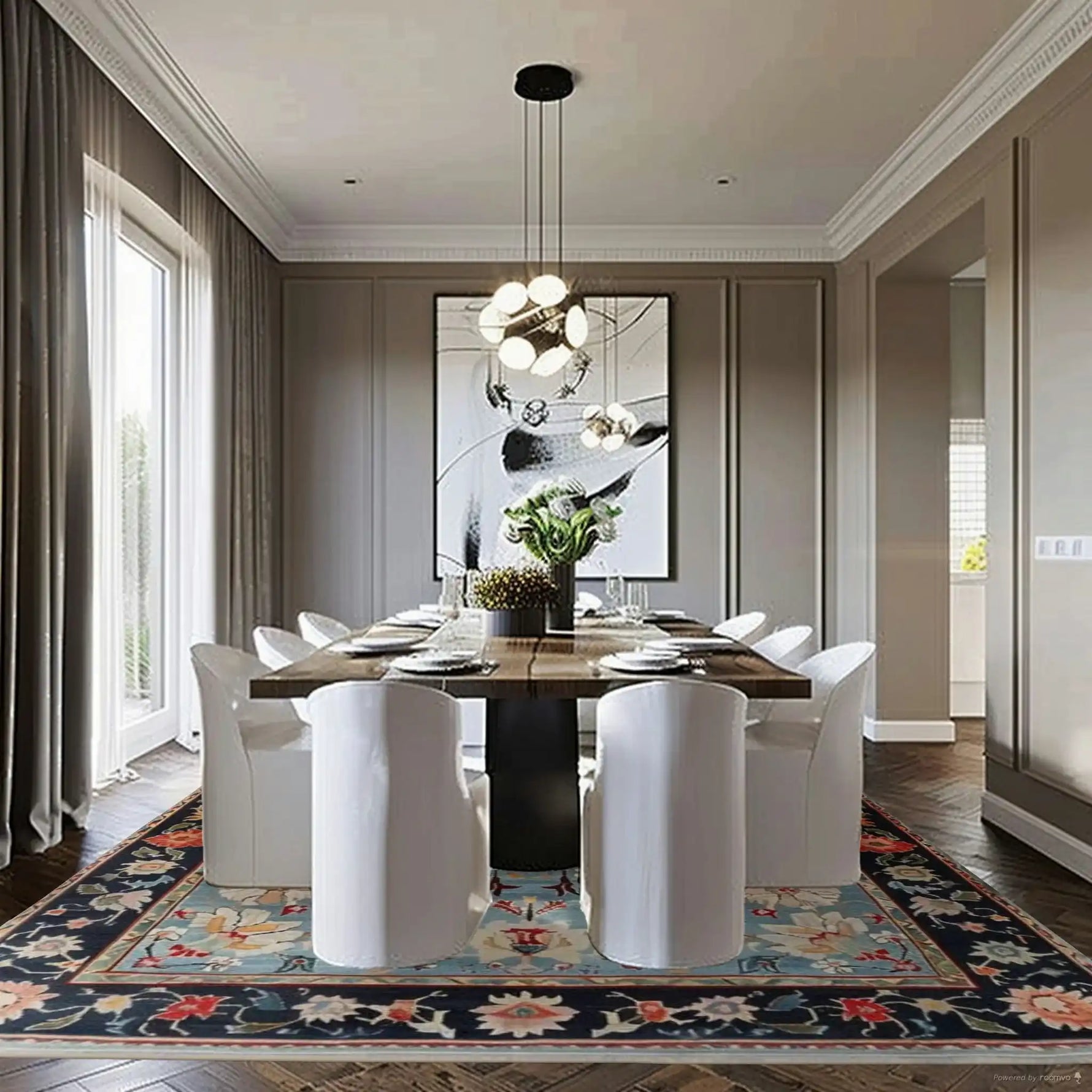 Modern dining room with a wooden table and white chairs on a colorful blue persian hand knotted rug.