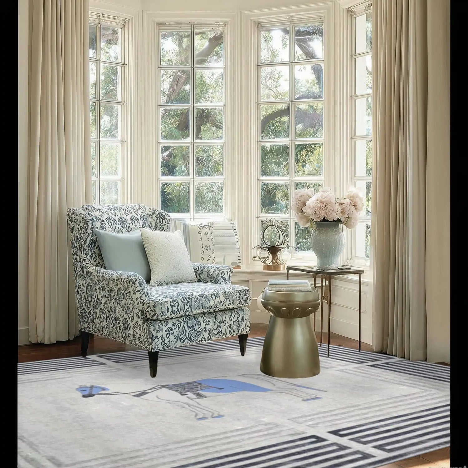 A cozy living space featuring the Classic Horse Silver Maze Hand Tufted Area Rug, perfect for office, living room, and dining room settings. This wool rug showcases an elegant horse design, adding charm and sophistication to any dining room carpet collection.