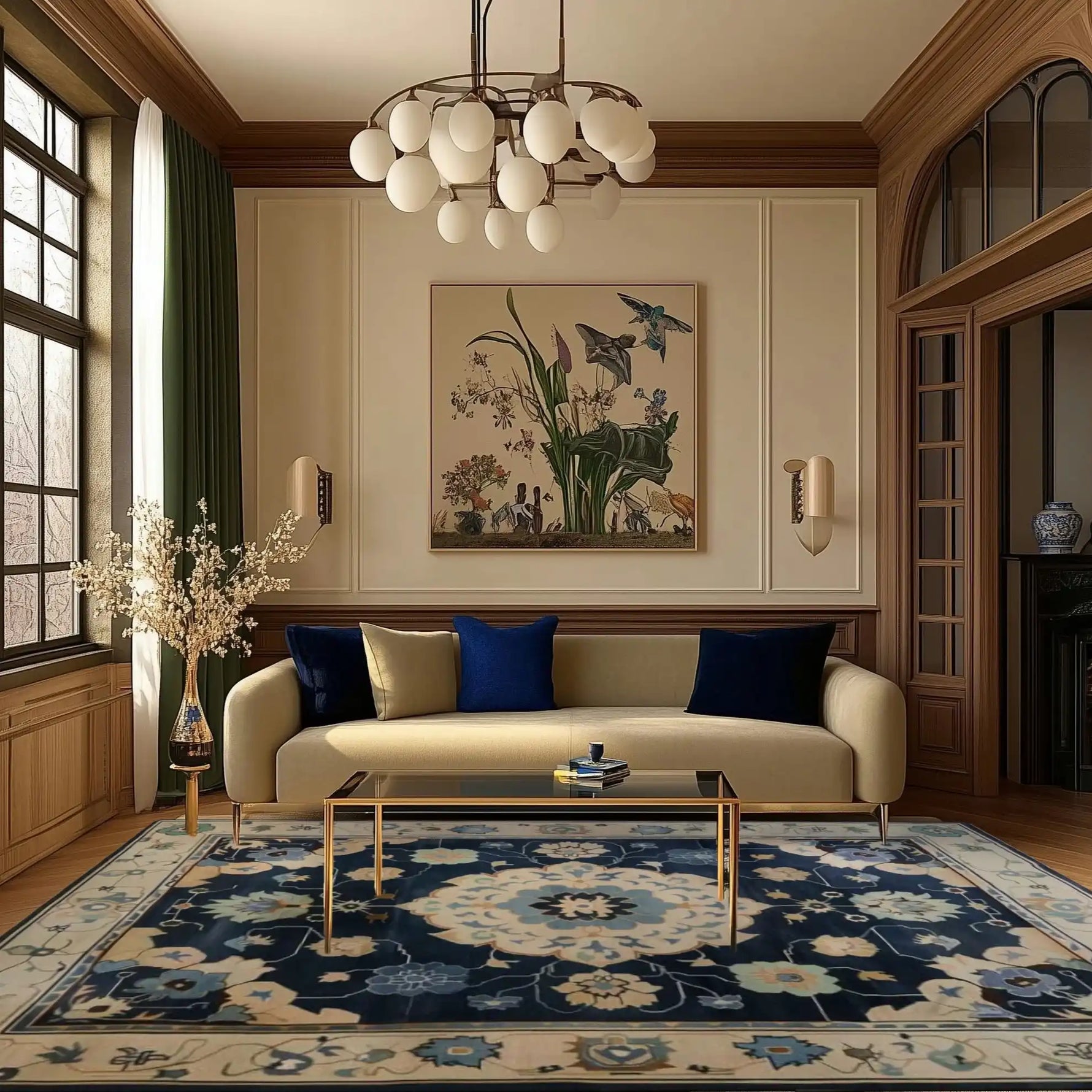 Elegant living room featuring a Classic Serenity Hand-Tufted Area Rug with Persian-inspired design in rich blue and beige tones. The wool rug complements the sophisticated decor with a modern beige sofa and plush cushions, ideal for an 8x10 space.