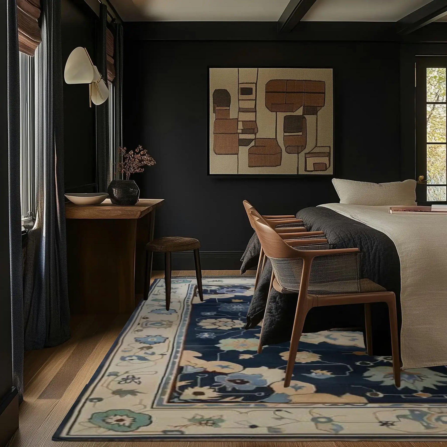 Elegant office space featuring a classic hand-tufted area rug in wool with Persian-inspired patterns. The 8x10 living room rug complements the modern decor with its intricate design and soft texture, adding warmth and style to the dark-toned room.