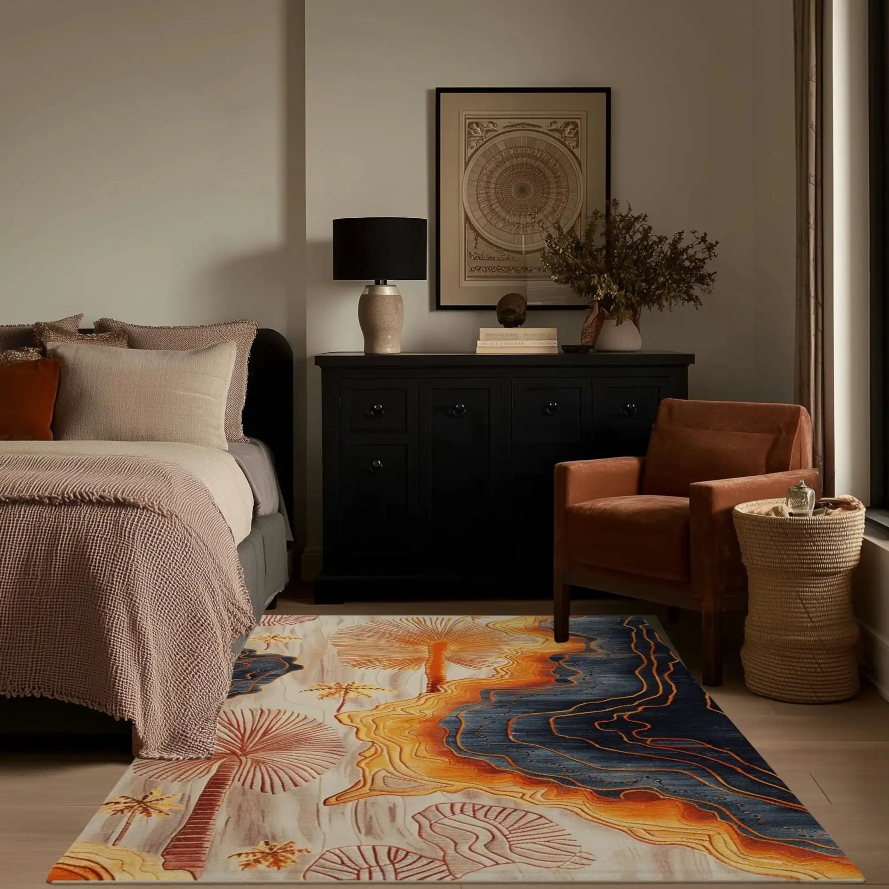 Coastal Silhouette Hand Tufted Area Rug in a bedroom setting, showcasing an abstract design with vibrant blues and warm oranges. Perfect for adding a touch of elegance to bedroom decor, this wool rug complements the cozy bed, stylish chair, and chic dresser, ideal for both bedrooms and living rooms.