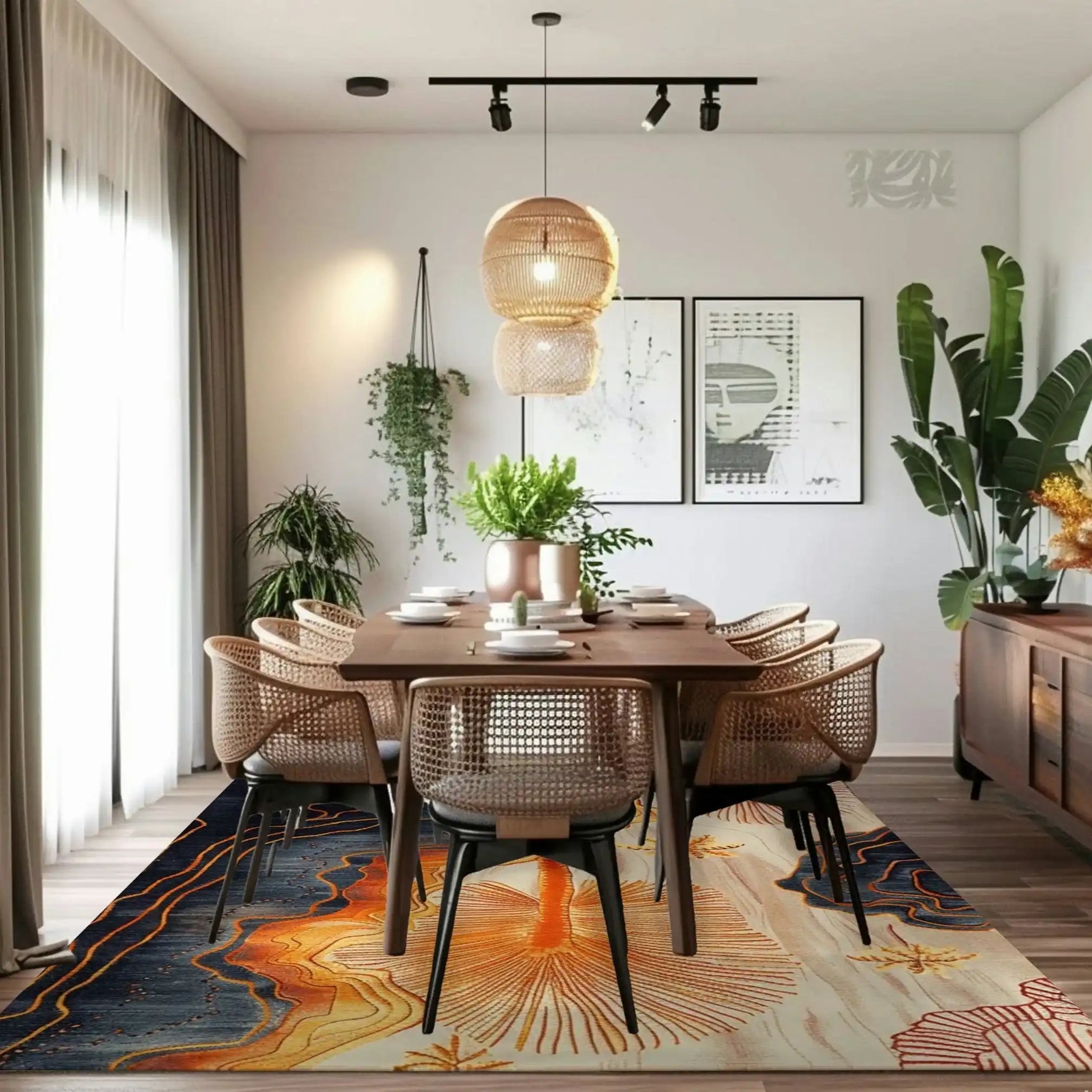 A stylish dining room featuring a Coastal Silhouette hand-tufted area rug with abstract designs in warm tones. The rug adds a touch of elegance to the room, making it perfect for a bedroom or living room. The wool rug complements the modern, cozy atmosphere with natural light streaming through large windows.