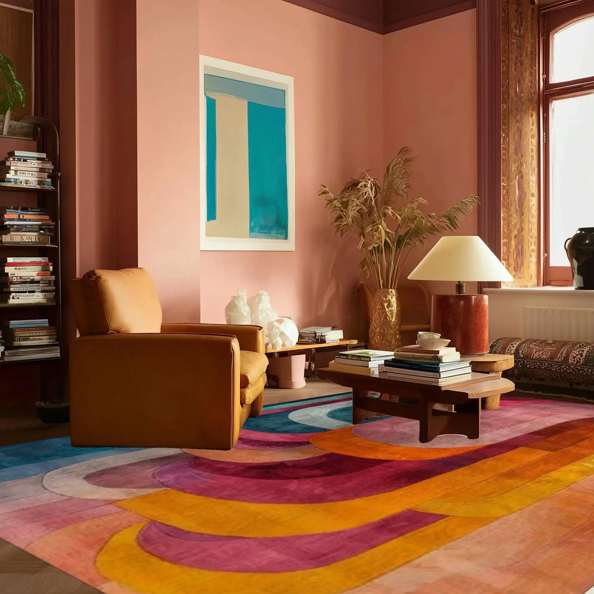 A vibrant and colorful abstract area rug in a stylish living room setting. The hand-tufted wool rug features bold, curved patterns in shades of pink, orange, and blue, complementing the cozy seating area with a brown armchair and a modern coffee table. Ideal for living room and dining room areas, this rug adds a touch of artistic flair to any bedroom or dining room decor.