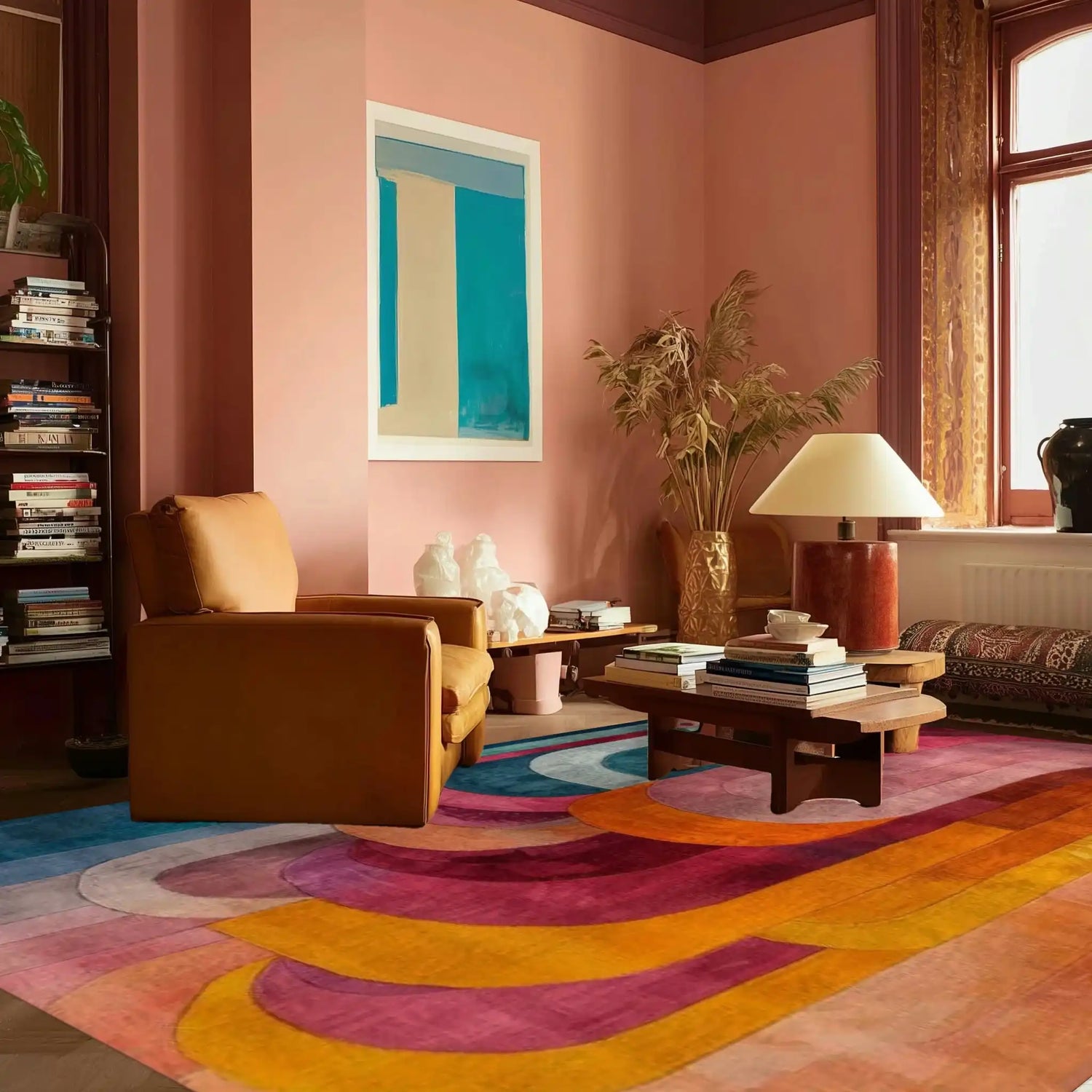A vibrant and colorful abstract area rug in a stylish living room setting. The hand-tufted wool rug features bold, curved patterns in shades of pink, orange, and blue, complementing the cozy seating area with a brown armchair and a modern coffee table. Ideal for living room and dining room areas, this rug adds a touch of artistic flair to any bedroom or dining room decor.