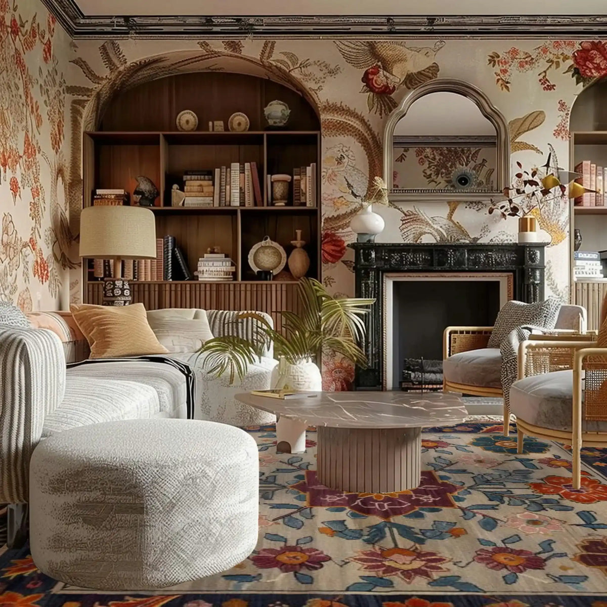 Luxurious living room with floral handmade rug, wallpaper, bookshelves, and a fireplace.