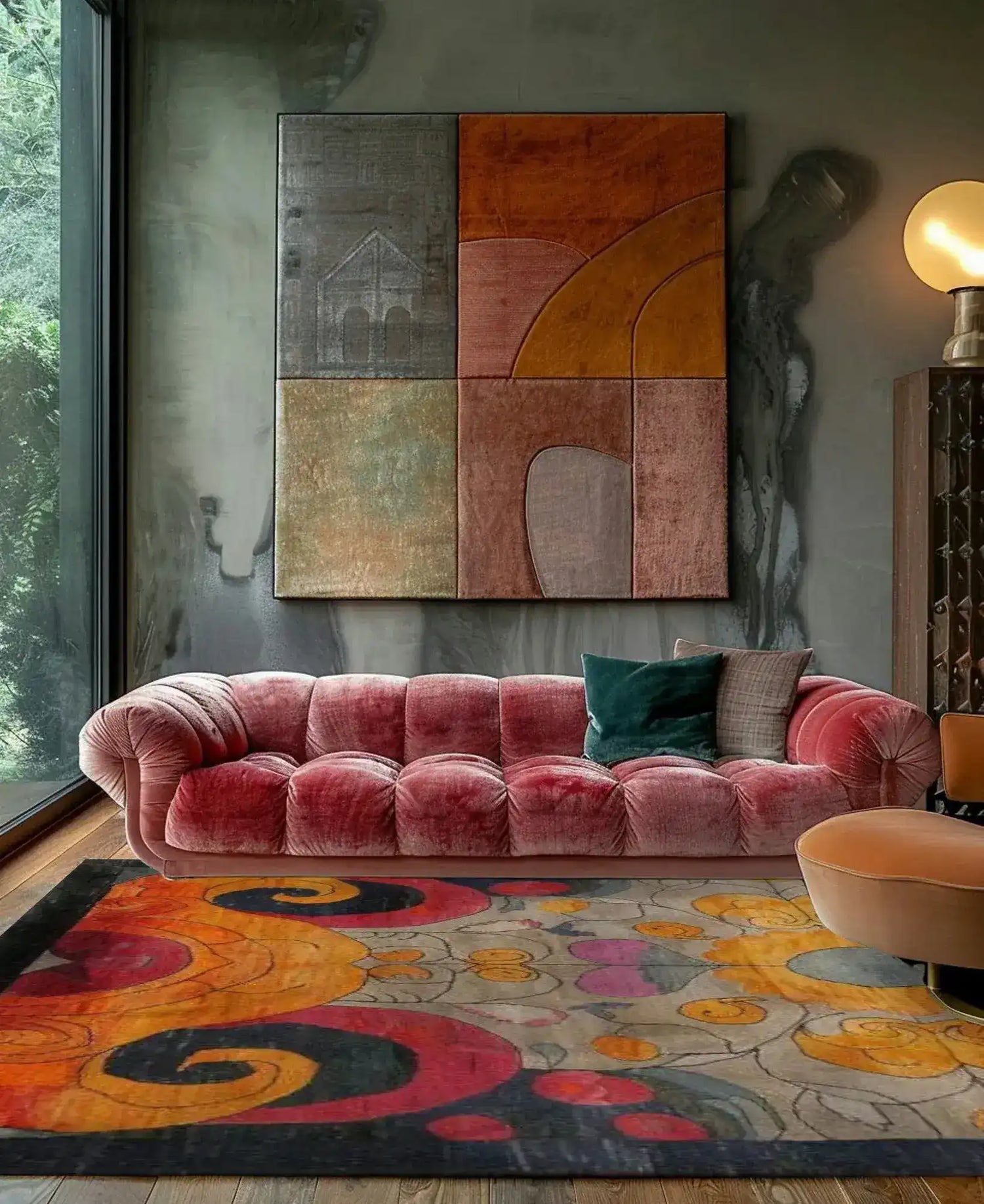 A vibrant, hand-knotted area rug featuring a kaleidoscope of colors, perfect for large living rooms. The contemporary rug design has bold swirls and patterns reminiscent of Persian rugs, complementing the modern art and plush pink sofa in the room.