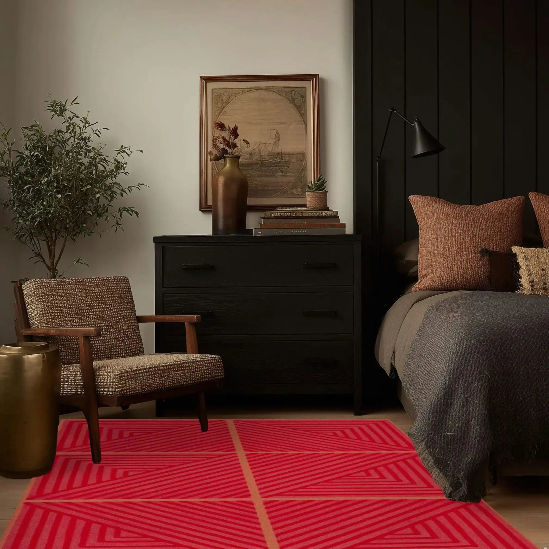 A cozy dining room featuring a vibrant Contemporary Red Geometric Hand Tufted Wool Rug. The area rug's bold red color and striking geometric patterns add a modern touch to the space, complementing the neutral tones of the furniture and decor.