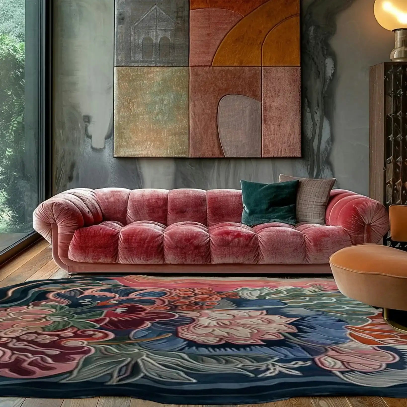 A vibrant Coral Bloom Hand Tufted Area Rug adorns a stylish living room, featuring a plush pink sofa and abstract wall art. This 8x10 wool rug adds a splash of color and elegance, perfect for enhancing area rugs for living room settings.