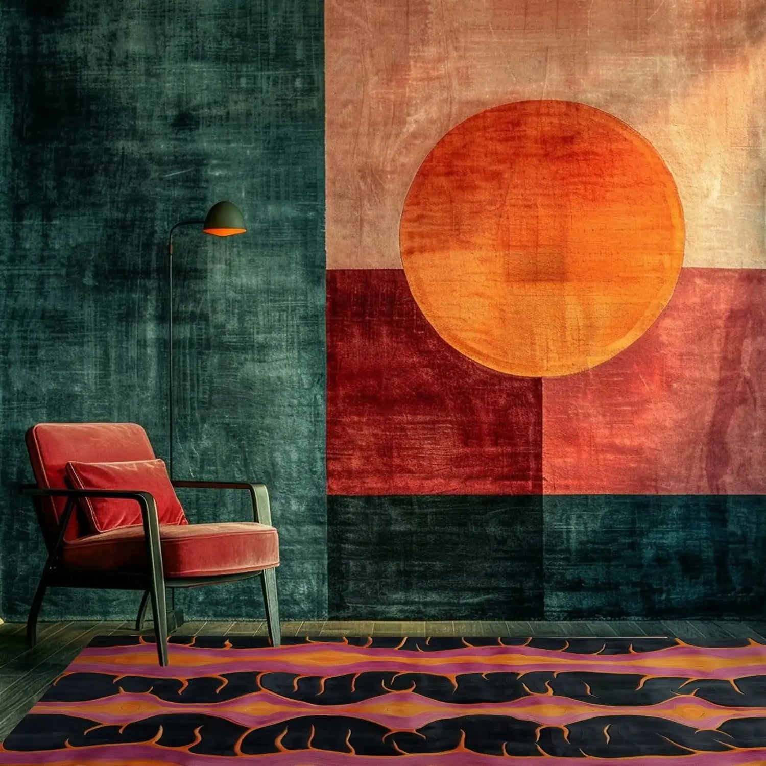 A stylish area rug with a bold abstract design, featuring cosmic patterns in vibrant colors. Perfect for adding flair to any office or bedroom, this wool rug complements the modern decor, with a cozy chair and artistic wall backdrop.