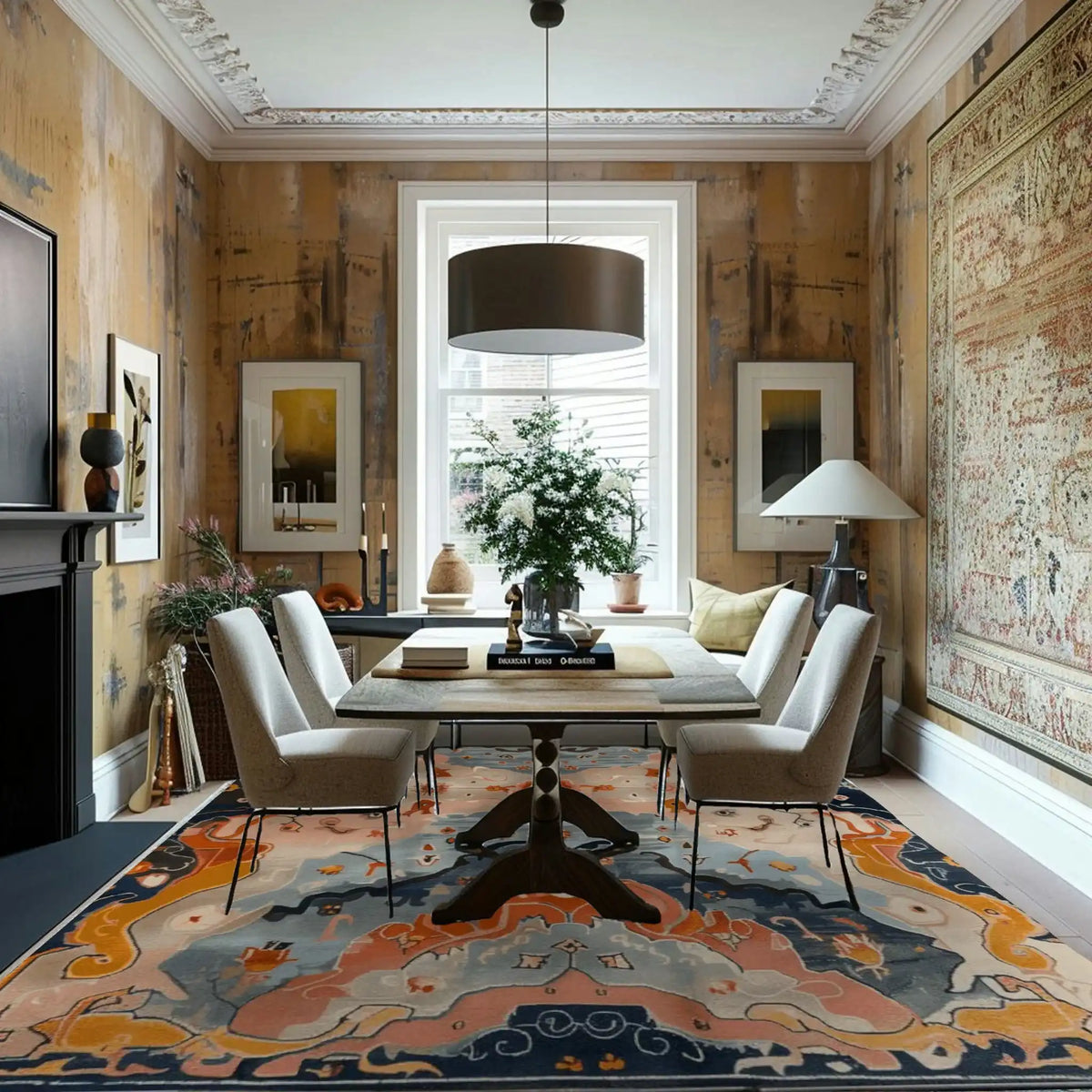 A beautifully designed area rug in a large living room setting. The wool rug features an intricate contemporary pattern with vibrant colors, elevating the elegant dining space. Perfect for those looking for area rugs for living room to enhance their interior decor.