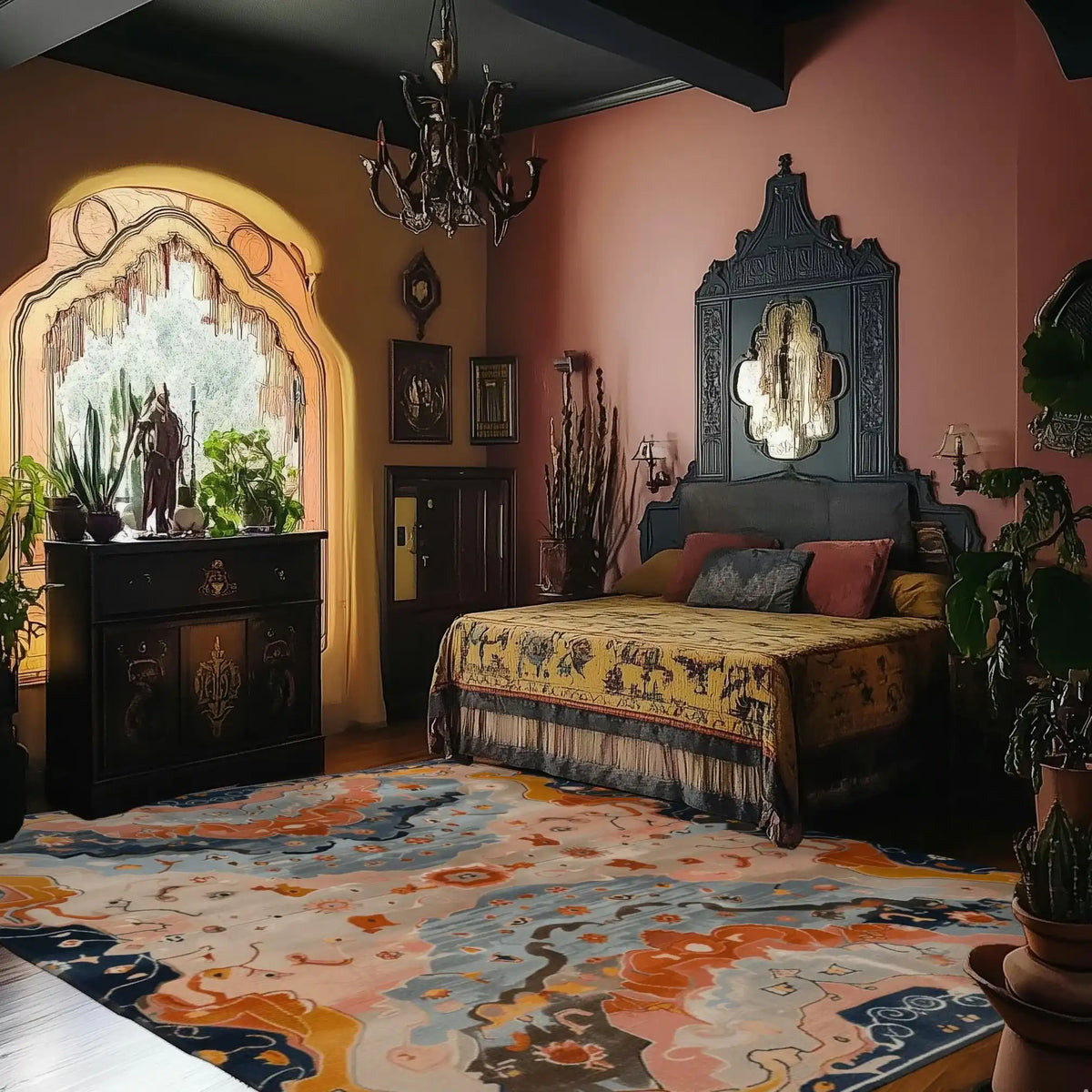 A vibrant and contemporary area rug in a large living room, featuring a cosmic dance of colors with abstract patterns. This wool rug adds a pop of color to the bedroom, complementing the eclectic decor with its unique design. Perfect for those looking to enhance their space with area rugs for living rooms.