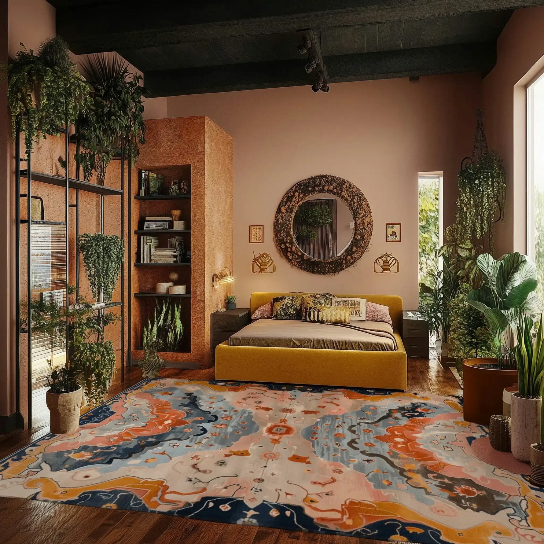 A vibrant Cosmic Dance Hand Tufted Rug adds a splash of color to a stylish living room. This area rug, perfect for large living rooms, showcases a contemporary abstract design in shades of pink, blue, and orange, crafted from high-quality wool. It's an ideal choice for those seeking area rugs for living room spaces that combine modern aesthetics with comfort.