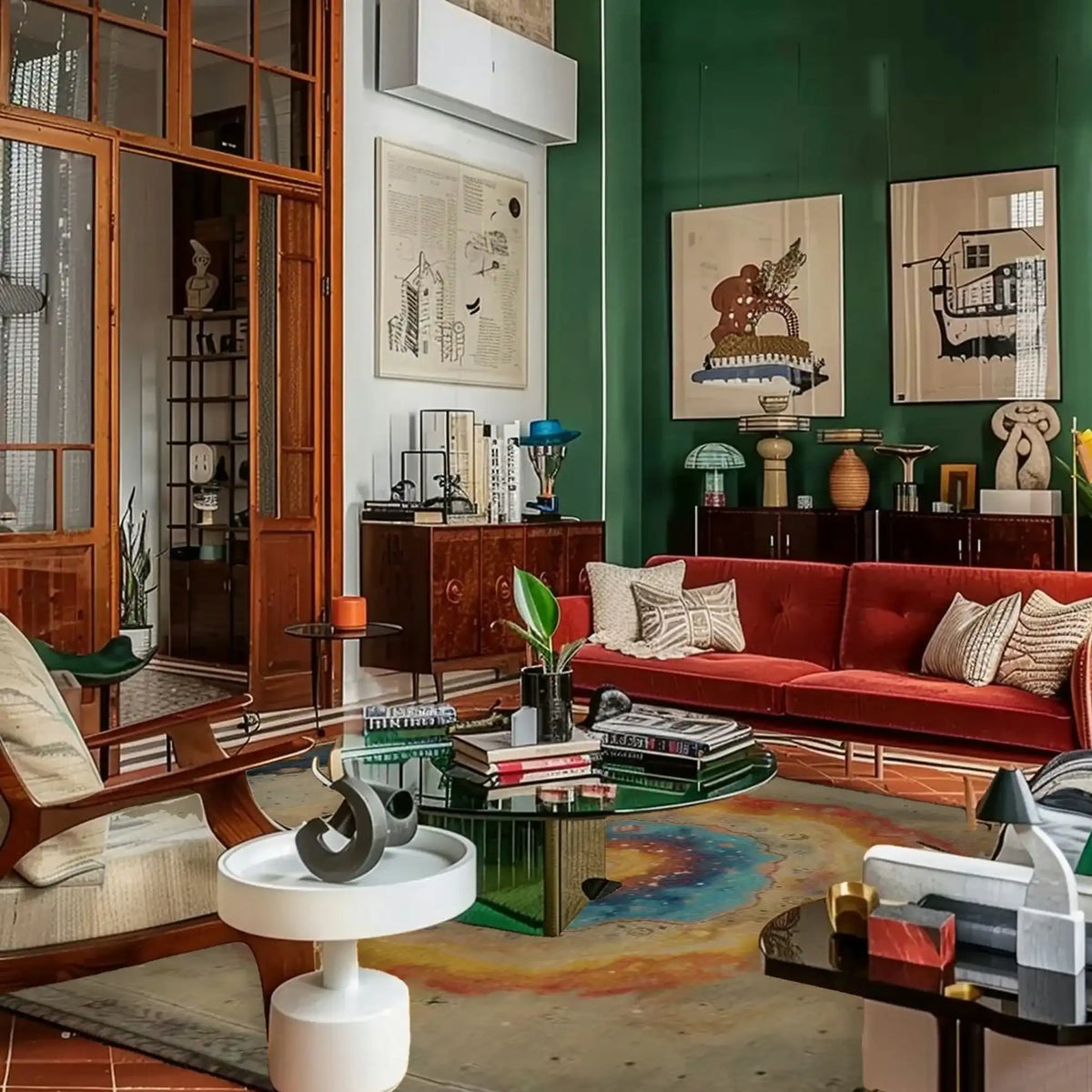 Modern living room with red sofa, cosmic hand knotted rug, a wooden coffee table, and decorative items.