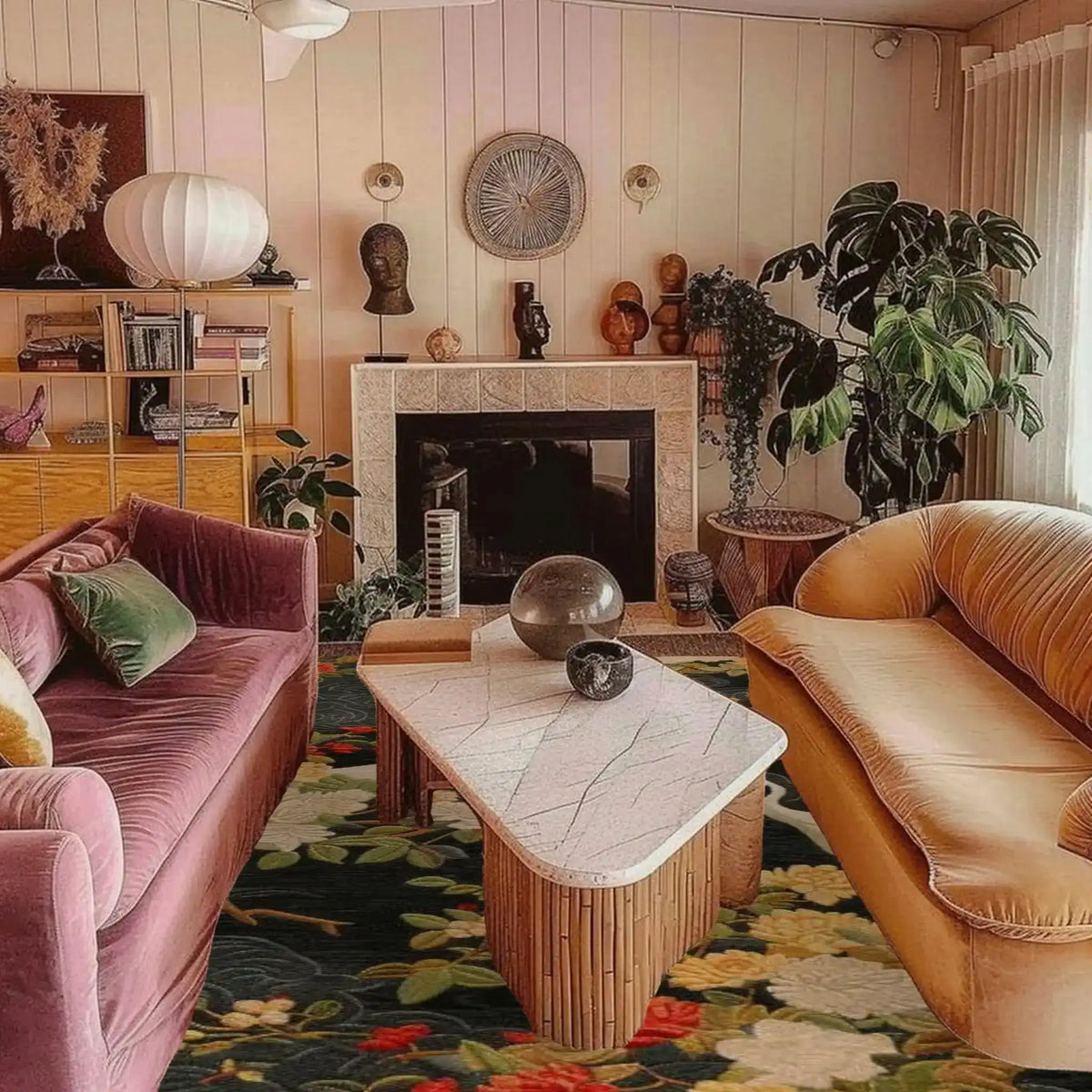 Living room with Crane Noir Hand tufted rug under pink sofa, brown armchair, and marble coffee table.