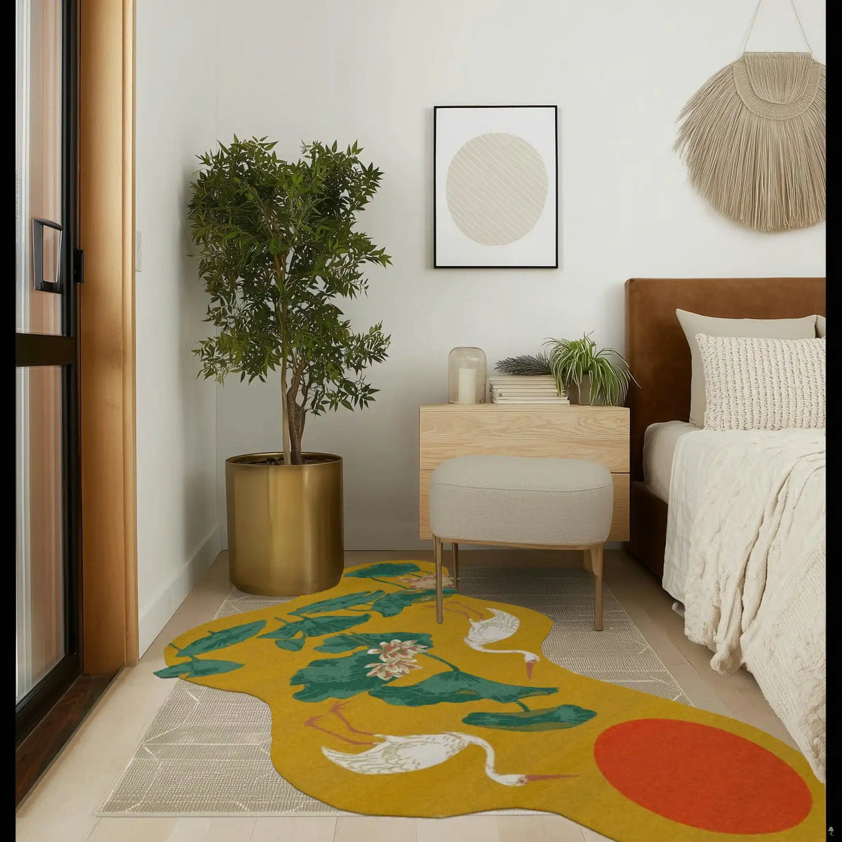 A beautifully designed hand-tufted area rug featuring cranes and lotus motifs in a sunny pond setting. This wool rug is ideal for adding a touch of elegance to both living room and dining room spaces. The rug's vibrant colors and intricate patterns make it a striking centerpiece in any living room area.