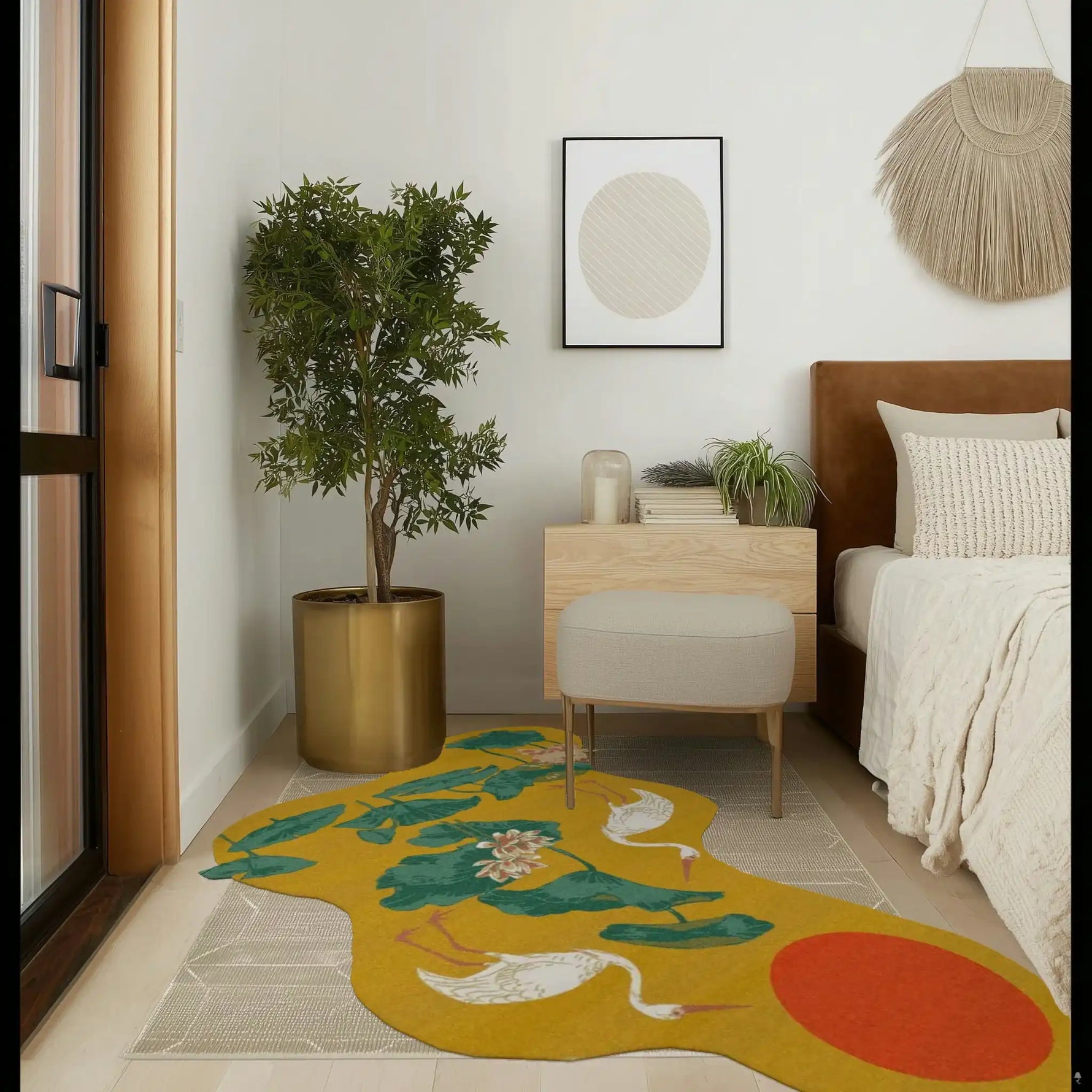 A beautifully designed hand-tufted area rug featuring cranes and lotus motifs in a sunny pond setting. This wool rug is ideal for adding a touch of elegance to both living room and dining room spaces. The rug's vibrant colors and intricate patterns make it a striking centerpiece in any living room area.