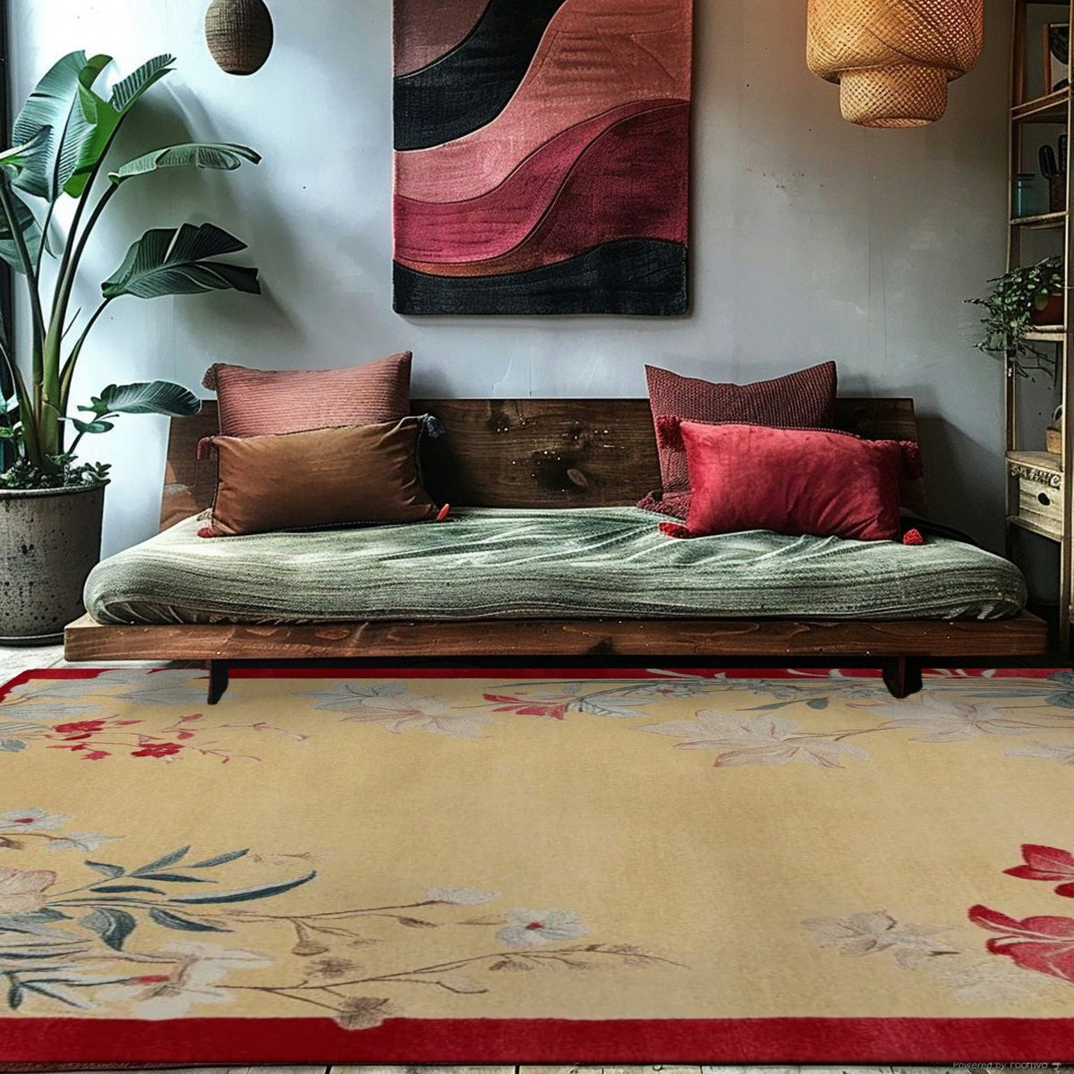 Crimson Bloom Scroll Hand Tufted Rug