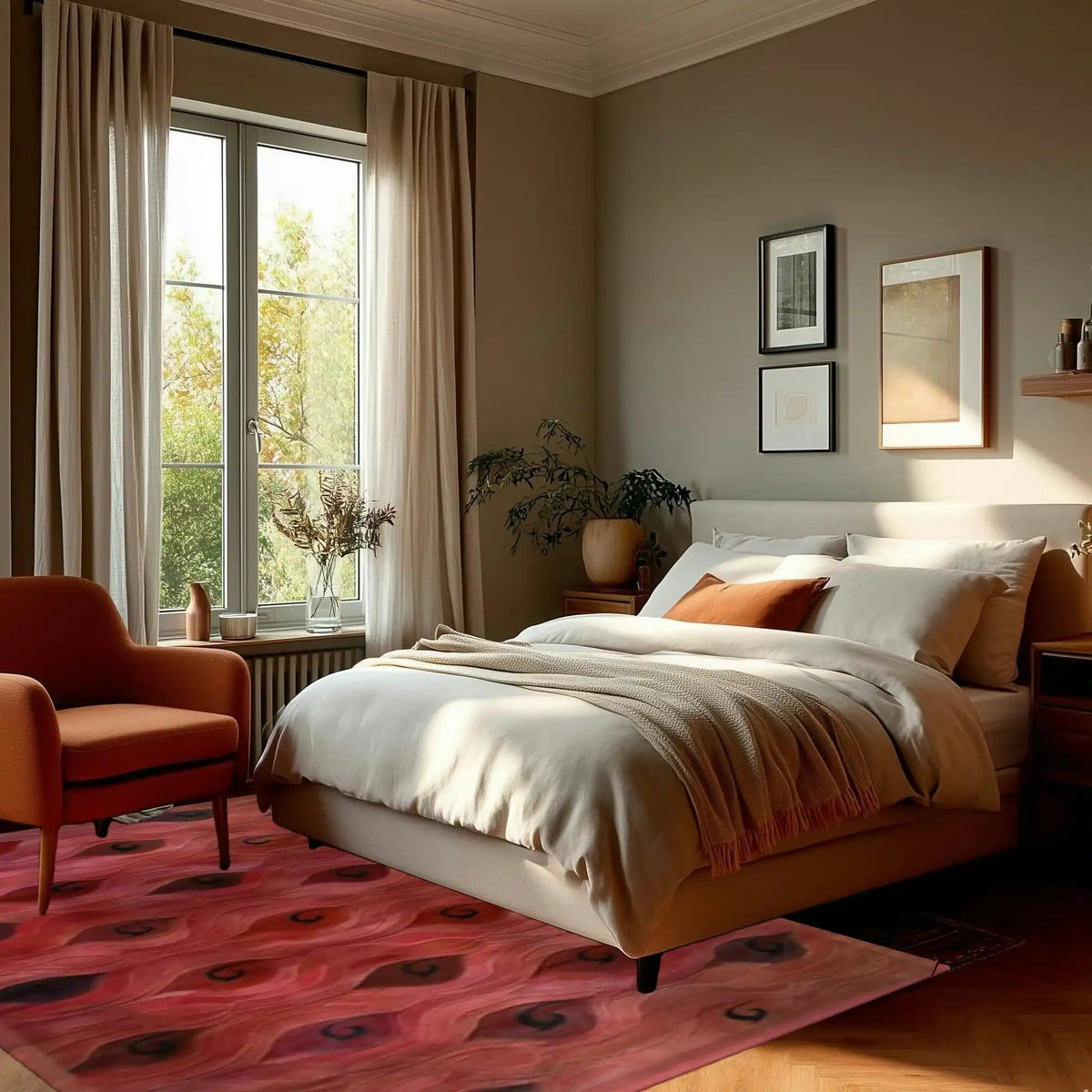 A cozy bedroom featuring the Crimson Currents Hand Tufted Wool Rug. This elegant area rug showcases a vibrant red and pink abstract design, adding warmth and style to the bedroom. Positioned under a plush bed with white bedding and orange accents, the rug complements the modern decor. Ideal for those seeking bedroom area rugs or rugs for bedroom spaces.