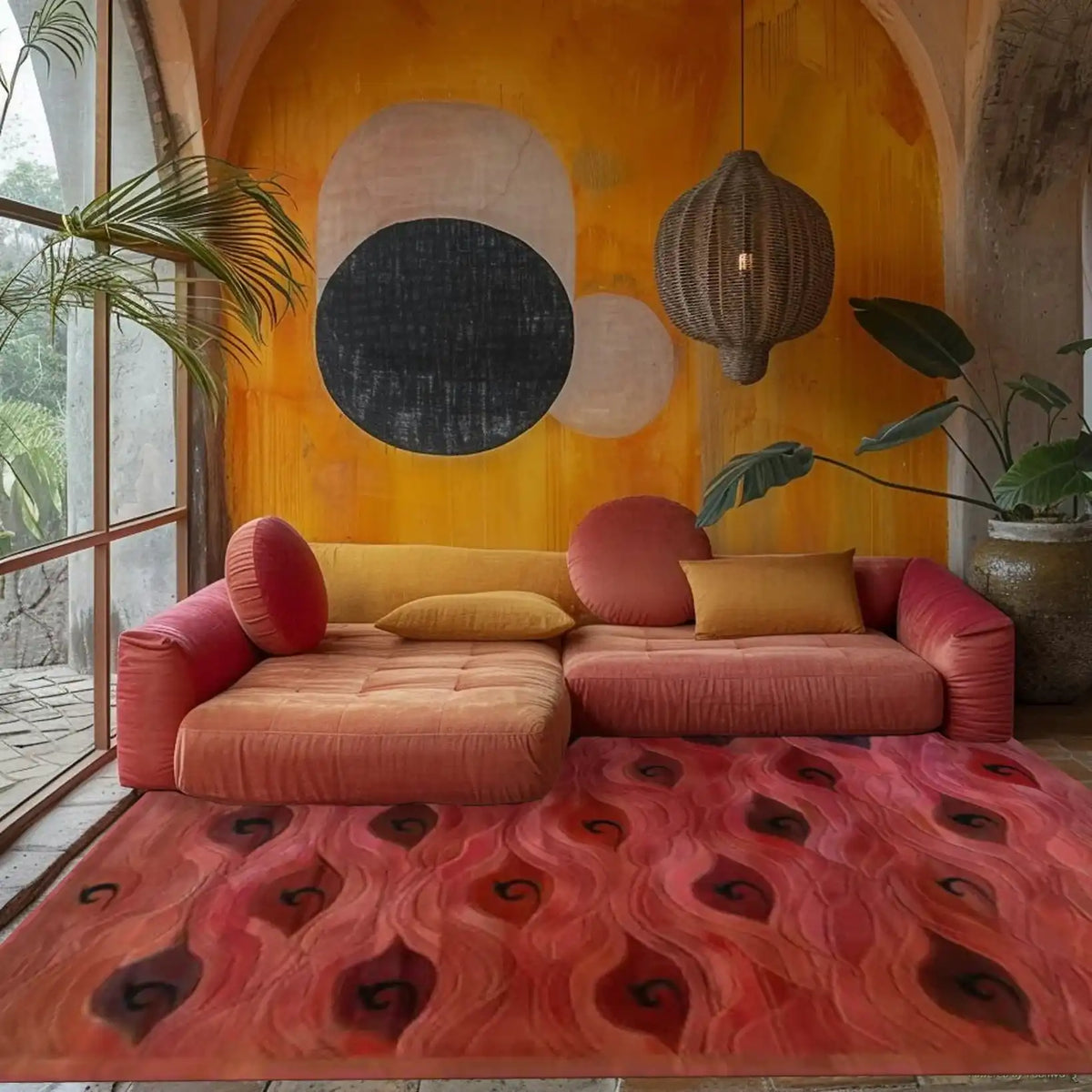 A vibrant living room scene showcasing the Crimson Currents Hand Tufted Wool Rug, an elegant area rug ideal for bedrooms. The rug features a dynamic red and black abstract pattern, adding warmth and style to the space. Positioned beneath a cozy, modern sofa, this wool rug enhances the room's inviting atmosphere, perfect for those seeking quality rugs for bedroom decor.