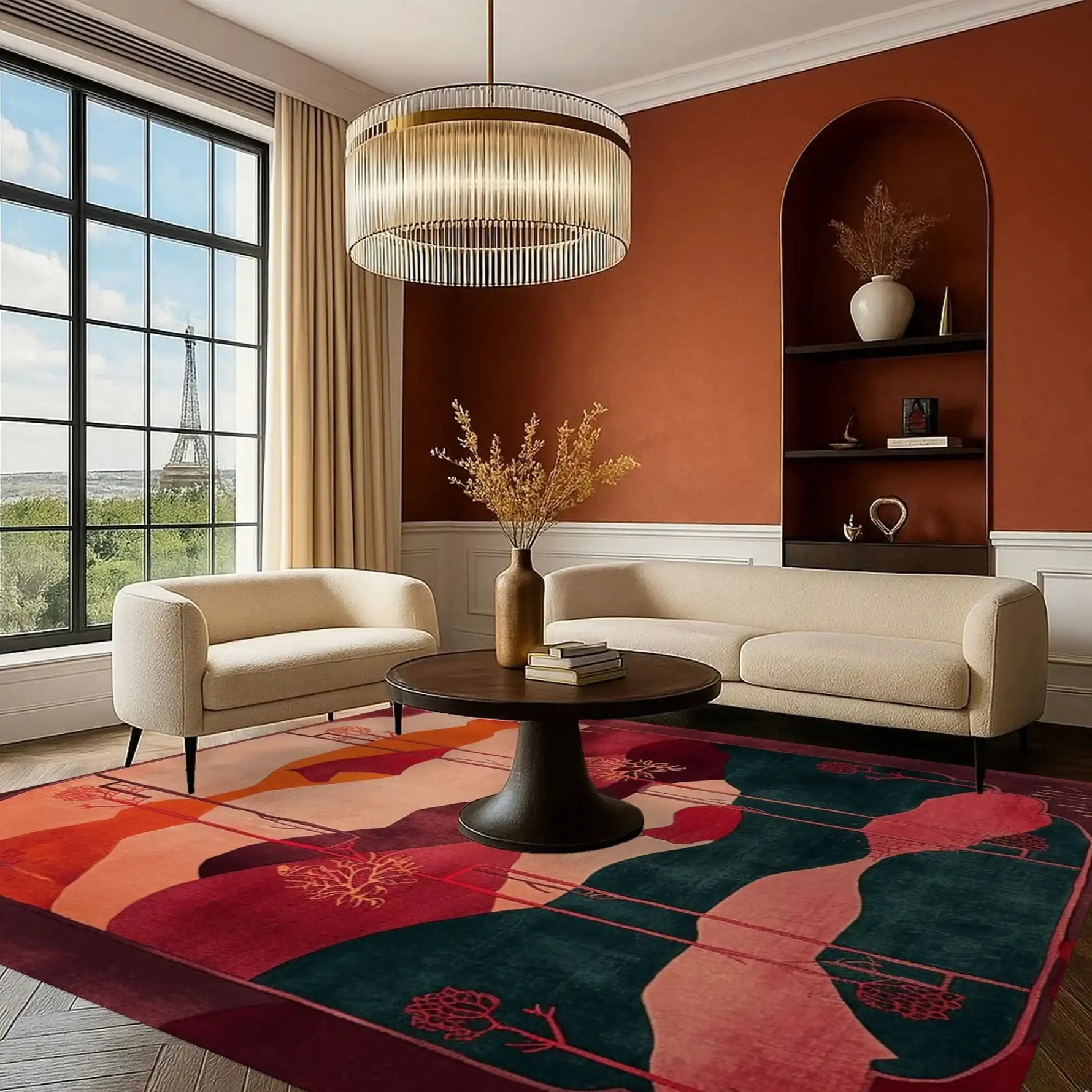 A beautifully decorated living room featuring a Crimson Valley Hand Tufted Rug, perfect for large living rooms or office spaces. This wool area rug boasts vibrant colors and an abstract design, complementing the modern furniture and chandelier. The large window offers a stunning view, enhancing the cozy atmosphere.