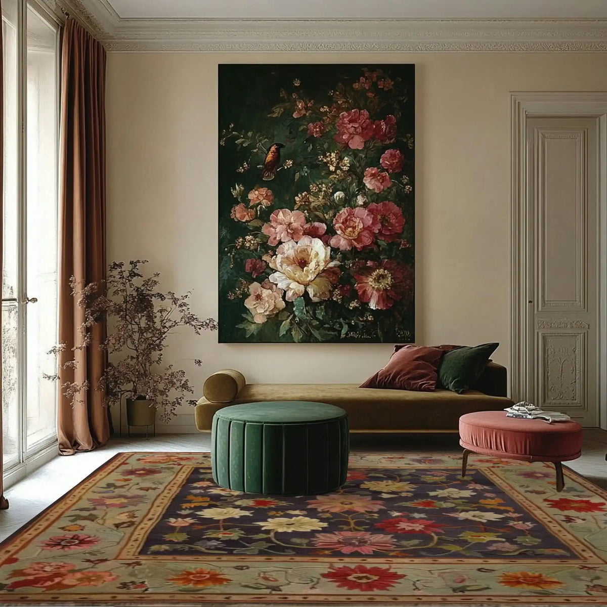 Luxurious living room featuring the Crowned Elegance Hand Knotted Area Rug with an intricate floral design. The rug complements a stylish green ottoman and a vintage sofa, set against a backdrop of elegant drapes and a floral painting on the wall.