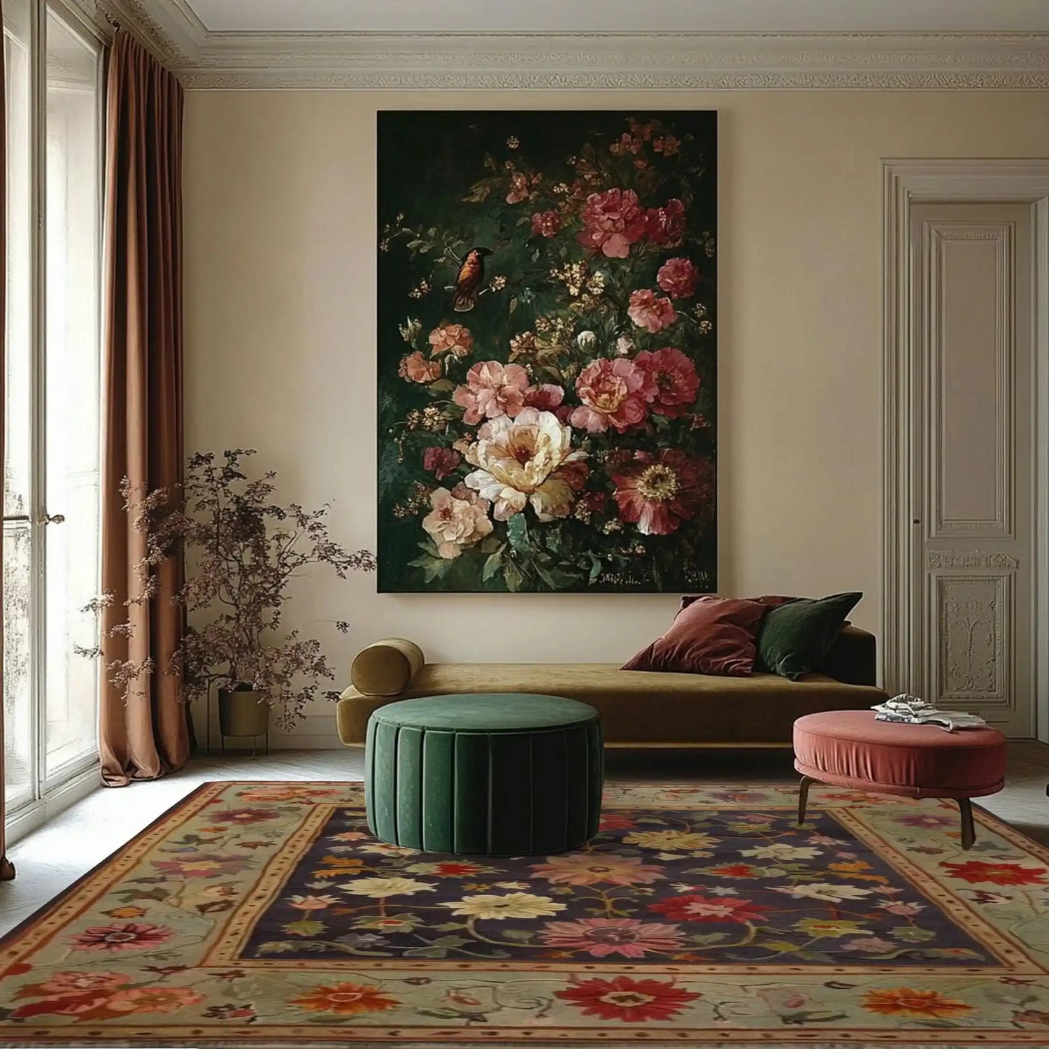 Luxurious living room featuring the Crowned Elegance Hand Knotted Area Rug with an intricate floral design. The rug complements a stylish green ottoman and a vintage sofa, set against a backdrop of elegant drapes and a floral painting on the wall.