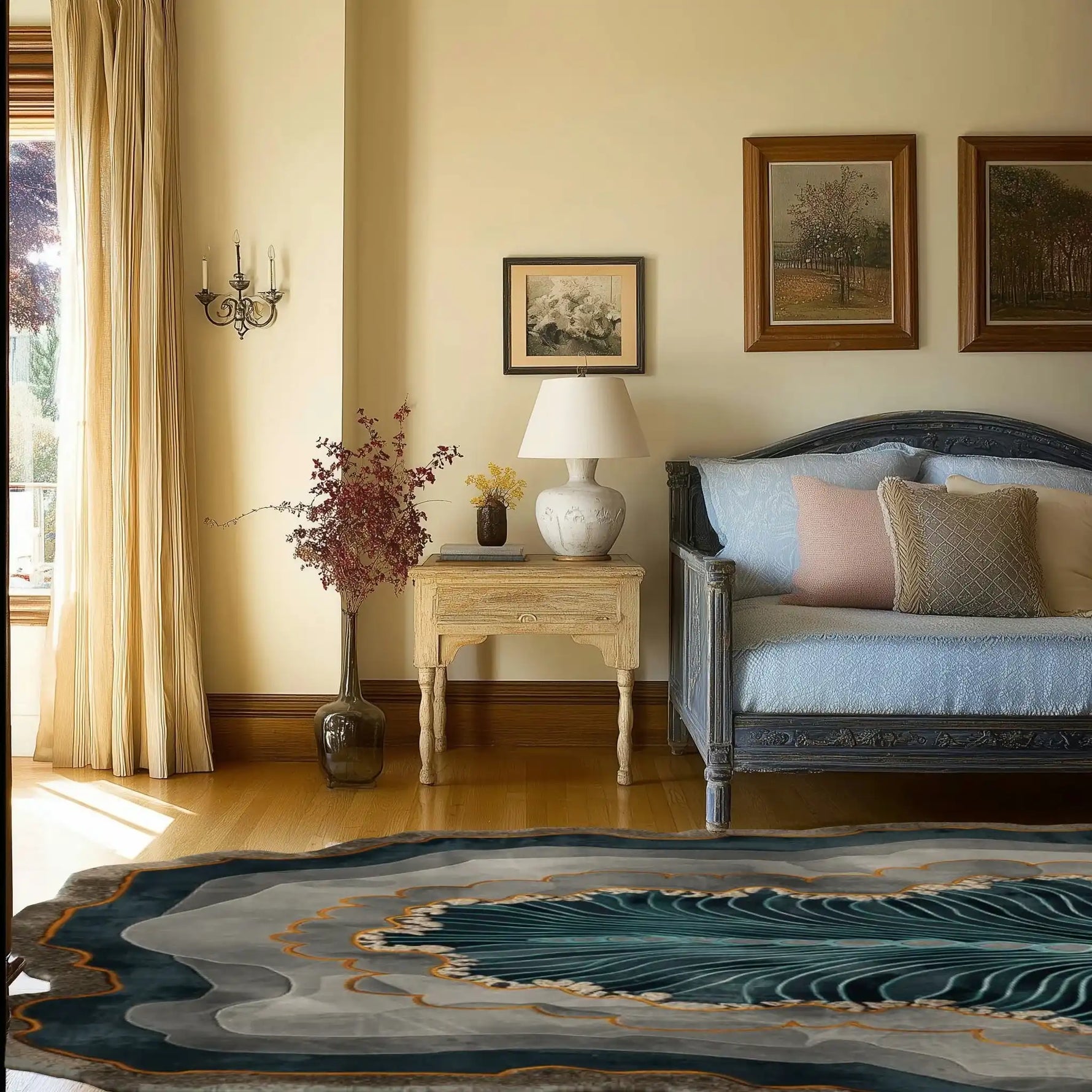 Stylish living room featuring the Crystal Depths Hand Tufted Viscose Area Rug with an abstract design in serene blue and gray tones. The rug complements the elegant decor with a vintage sofa, wooden side table, and tasteful wall art.