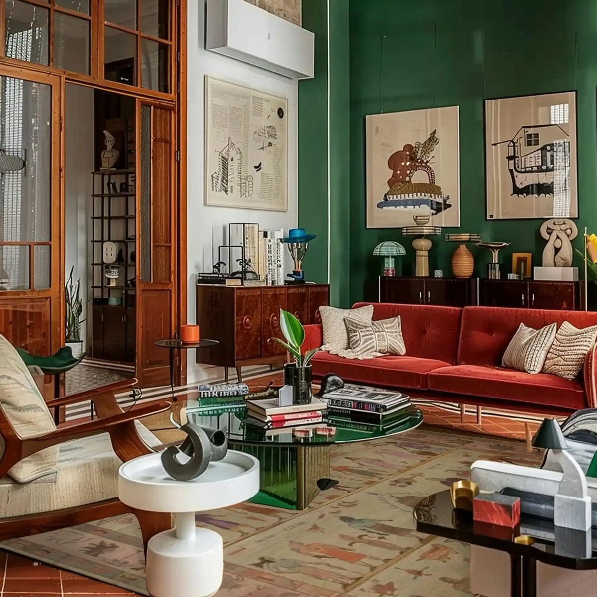 Living room with red sofa, wooden coffee table, and decorative cultural handmade rug.