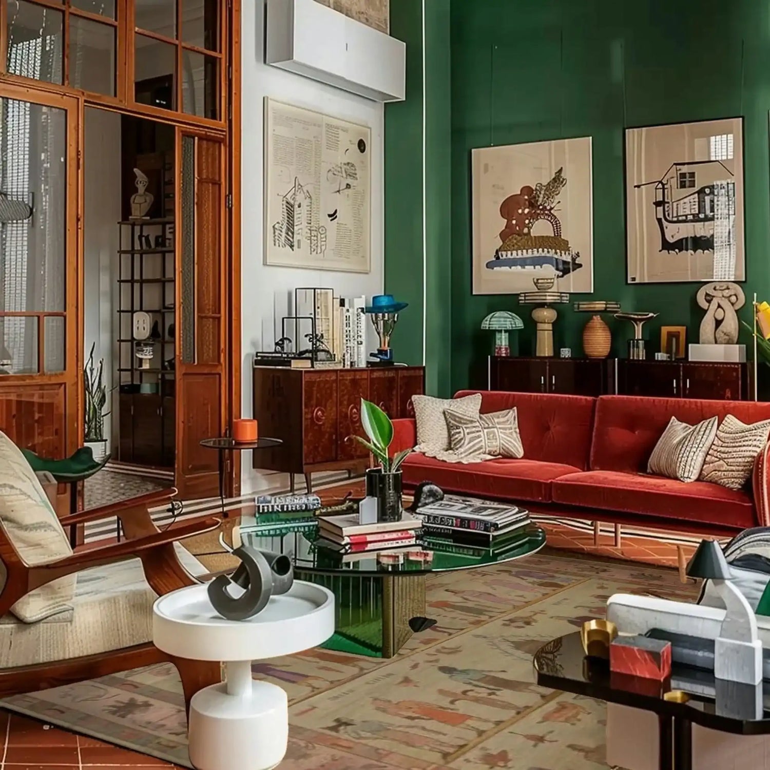 Living room with red sofa, wooden coffee table, and decorative cultural handmade rug.