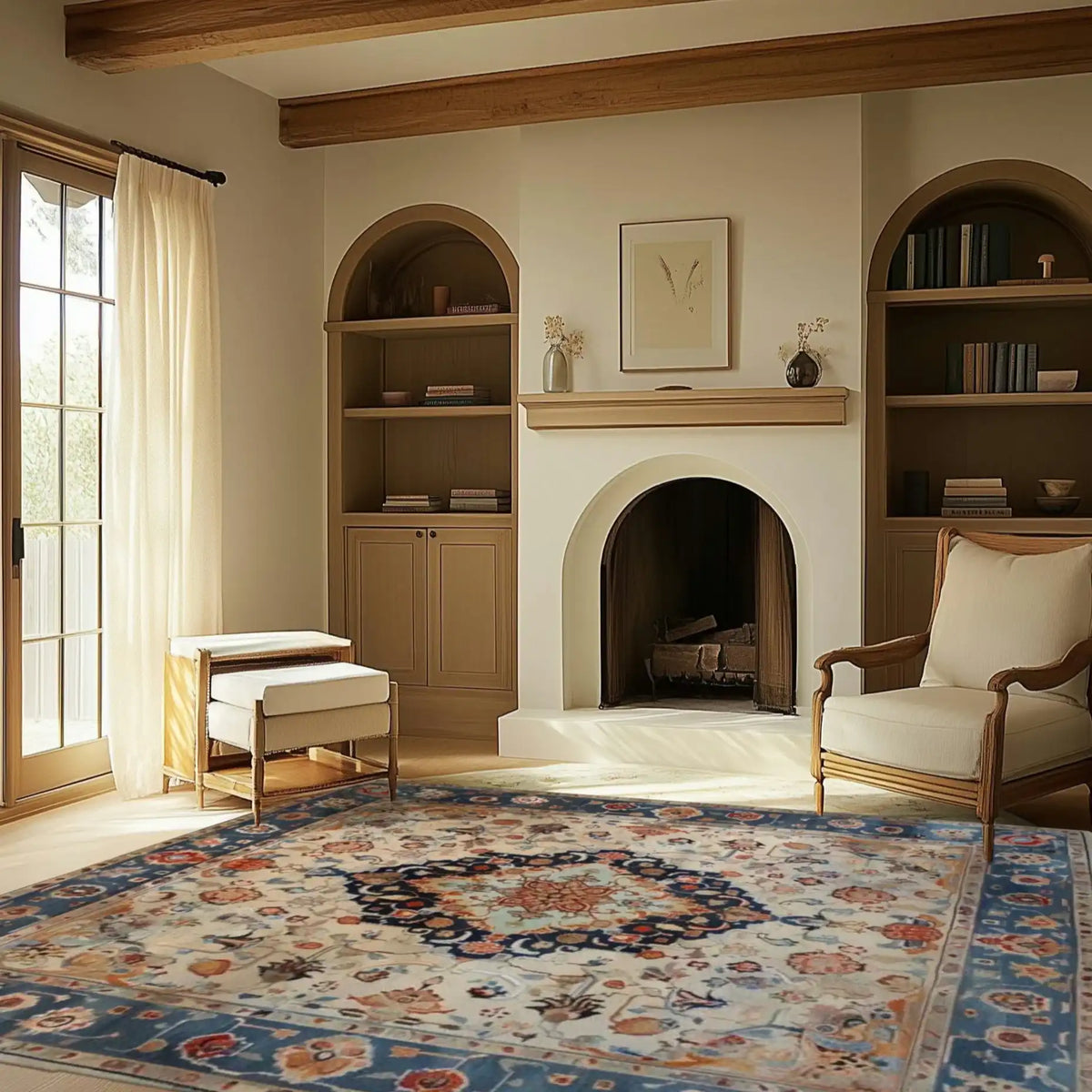 Elegant living room with a Cultural Essence Hand Tufted Area Rug, featuring intricate floral patterns and a rich blue border, perfect for adding warmth and style to any office space. This wool rug complements the cozy, neutral-toned decor and wooden furniture, making it an ideal choice for office rugs.