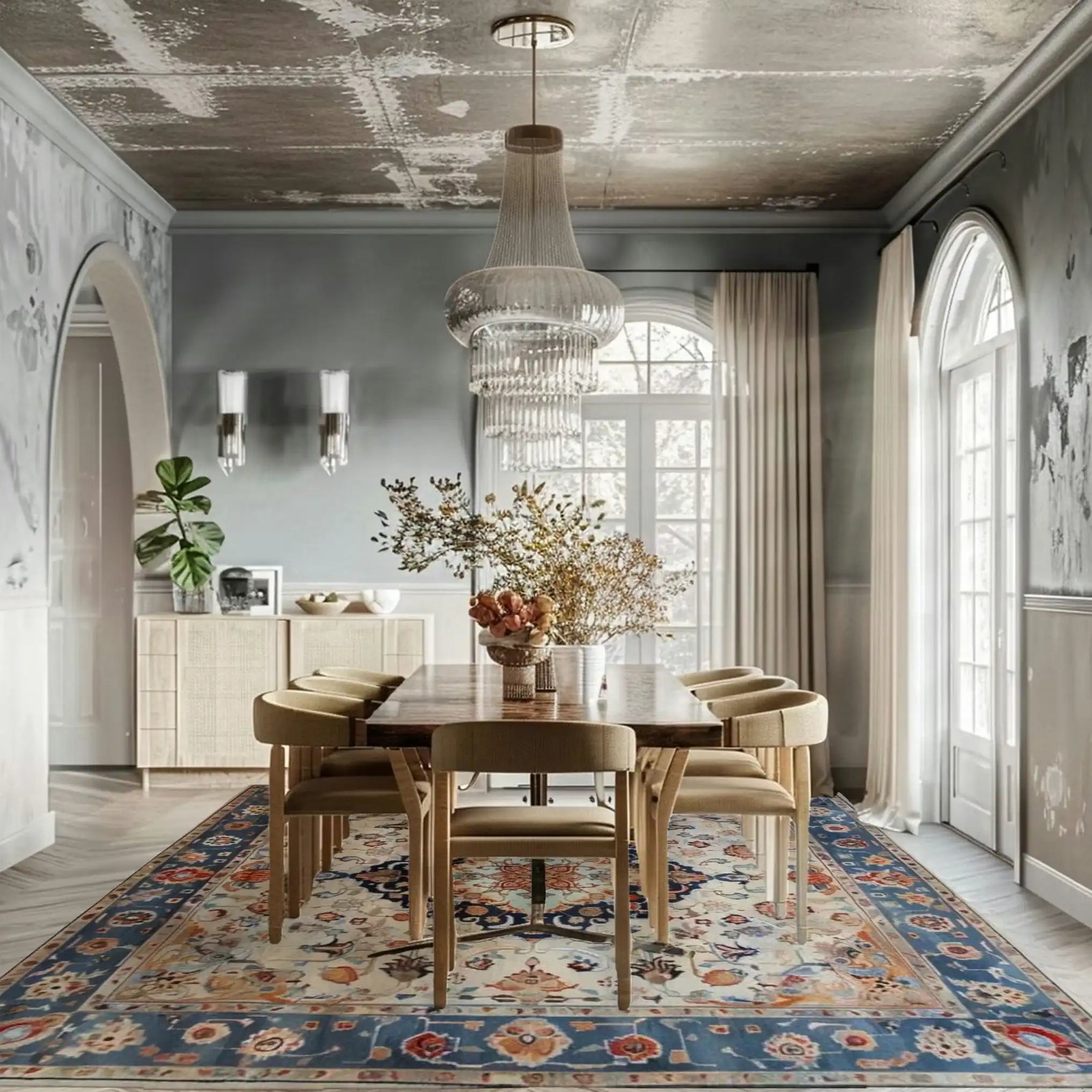 Elegant dining room featuring a luxurious hand-tufted area rug with intricate patterns, perfect for adding a touch of sophistication to an office space. The wool rug enhances the room's warmth and style, making it a great choice for office rugs or rugs for office environments.