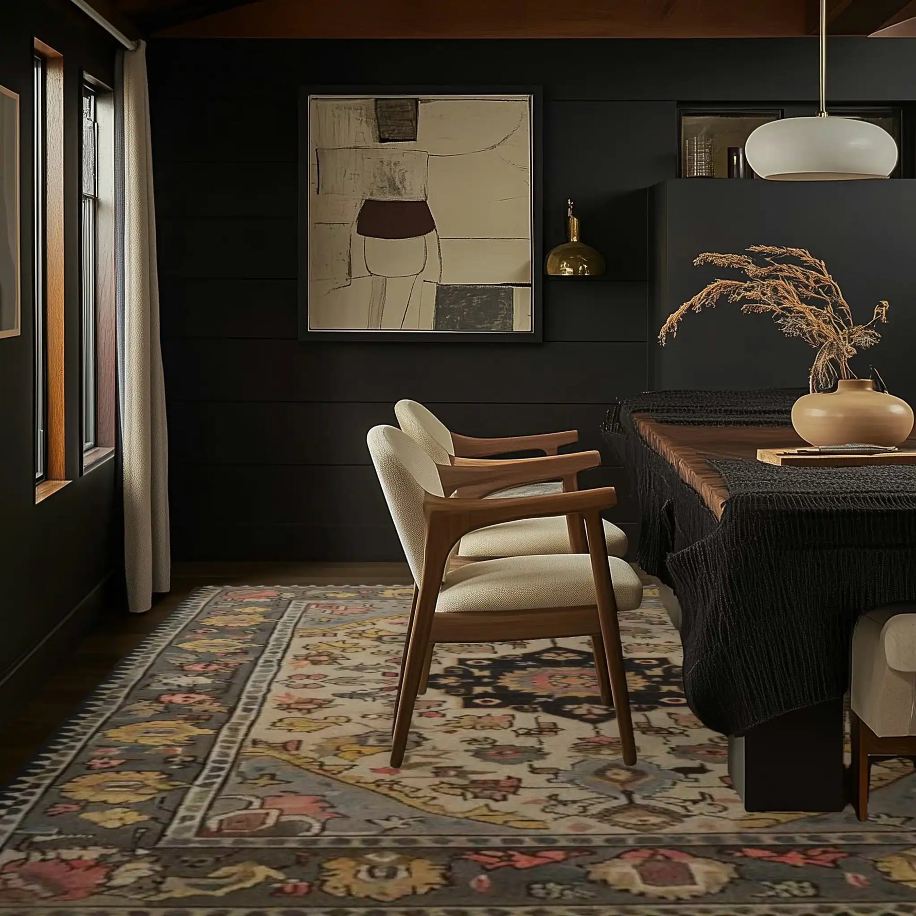 A beautifully styled dining room featuring a large area rug with intricate patterns. This wool rug is perfect for adding warmth and elegance to your living room or dining room. The elegant design complements the chic decor, making it an ideal choice for large area rugs for living room spaces.