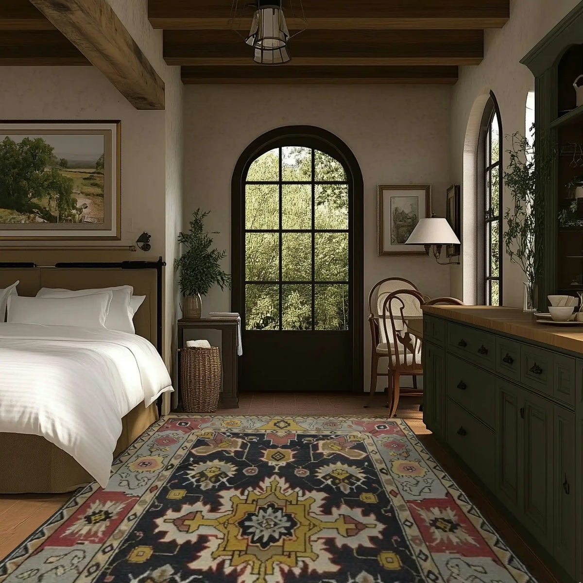 A cozy bedroom featuring a Cultural Threads Hand Tufted Area Rug with an intricate pattern, perfect for enhancing a living room or dining room. This wool rug adds warmth and style beneath a dining table, complementing the rustic decor and large window view.