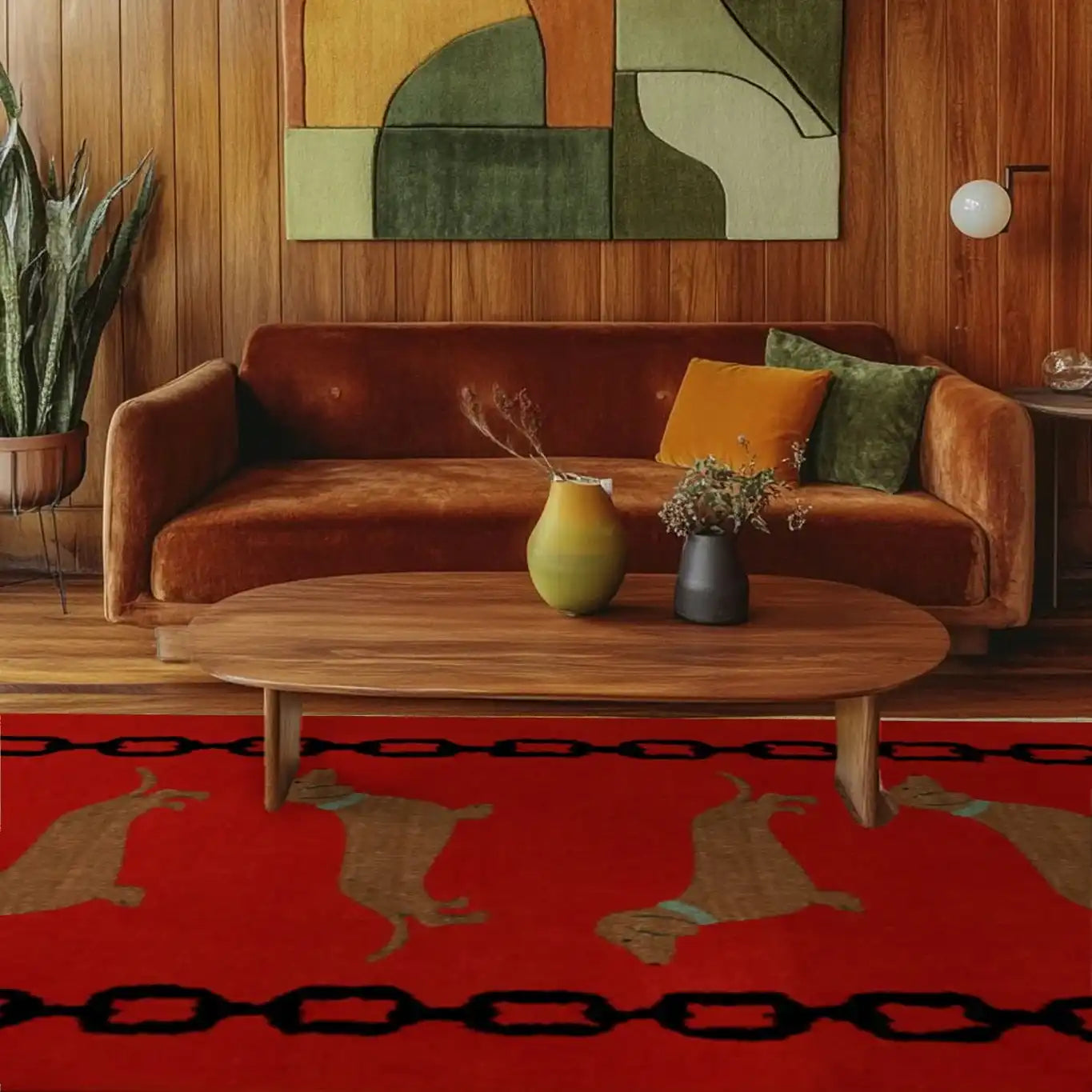 Stylish living room featuring a red and black wool area rug with dachshund designs, perfectly complementing the brown sofa and wooden coffee table. Ideal for those looking for large area rugs to enhance their living space.