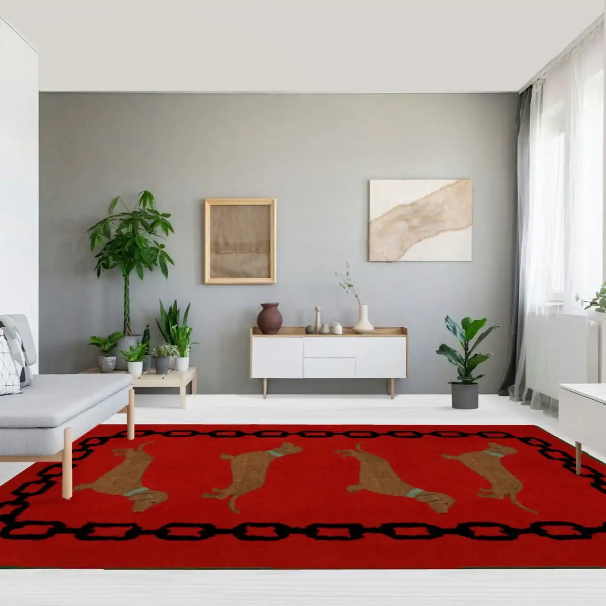 Stylish living room featuring a large red and black hand-tufted wool rug with dachshund designs. Perfect for adding charm and warmth, this area rug complements the modern decor, making it ideal for living room spaces.
