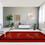 Stylish living room featuring a large red and black hand-tufted wool rug with dachshund designs. Perfect for adding charm and warmth, this area rug complements the modern decor, making it ideal for living room spaces.