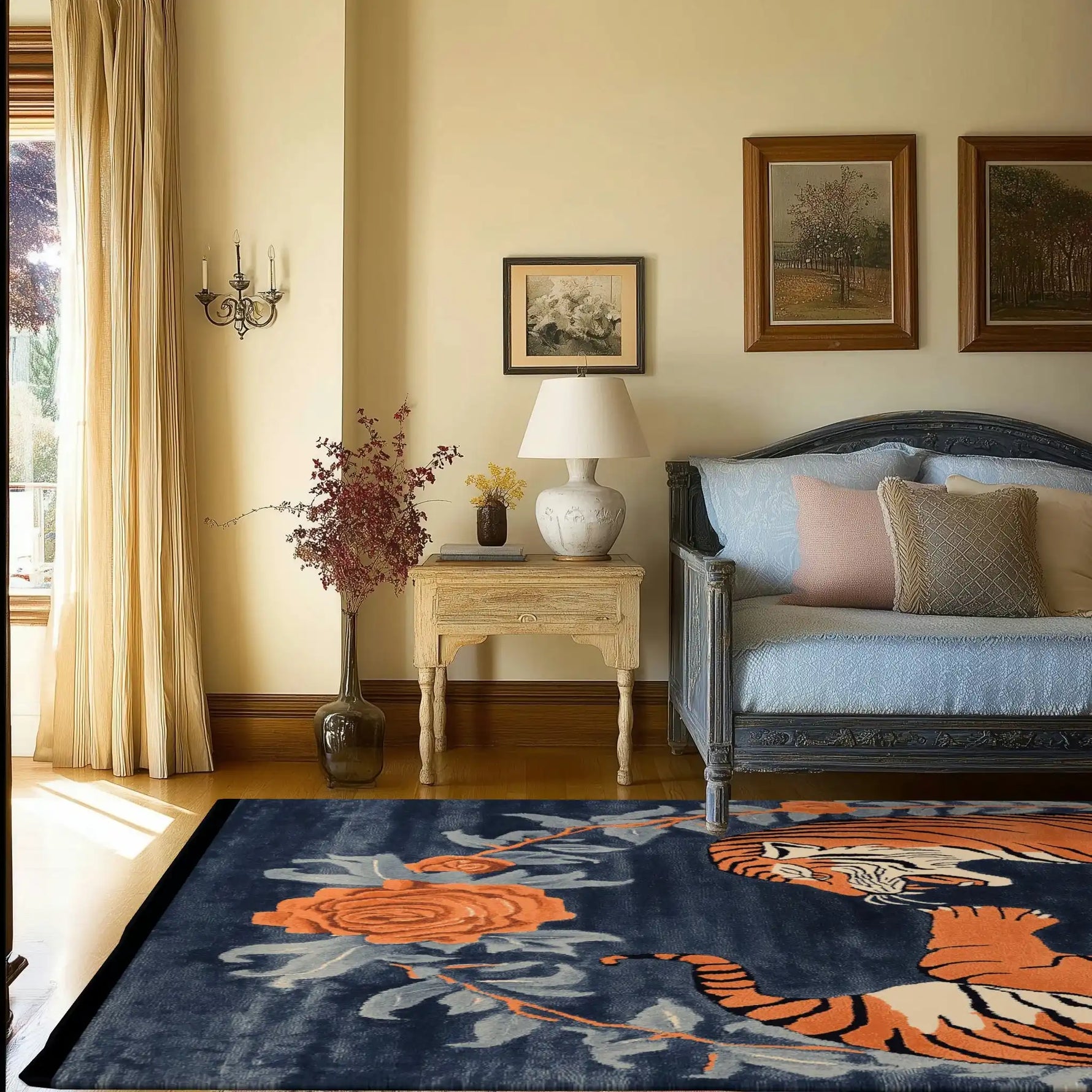 Elegant living room featuring a 'Dance of the Wild' hand tufted area rug. This vintage floral wool rug, measuring 8x10, showcases a striking abstract tiger design, perfect for adding a stylish touch to large living rooms.