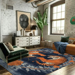 A stylish living room featuring a Dance of the Wild Hand Tufted Rug with a bold abstract tiger design. This area rug, perfect for large living rooms, measures 8x10 and combines vintage charm with modern flair. The wool rug showcases vibrant floral patterns, adding a touch of elegance to the space.