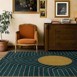 Dark Teal Gold Circle Geometric Hand Tufted Wool Rug